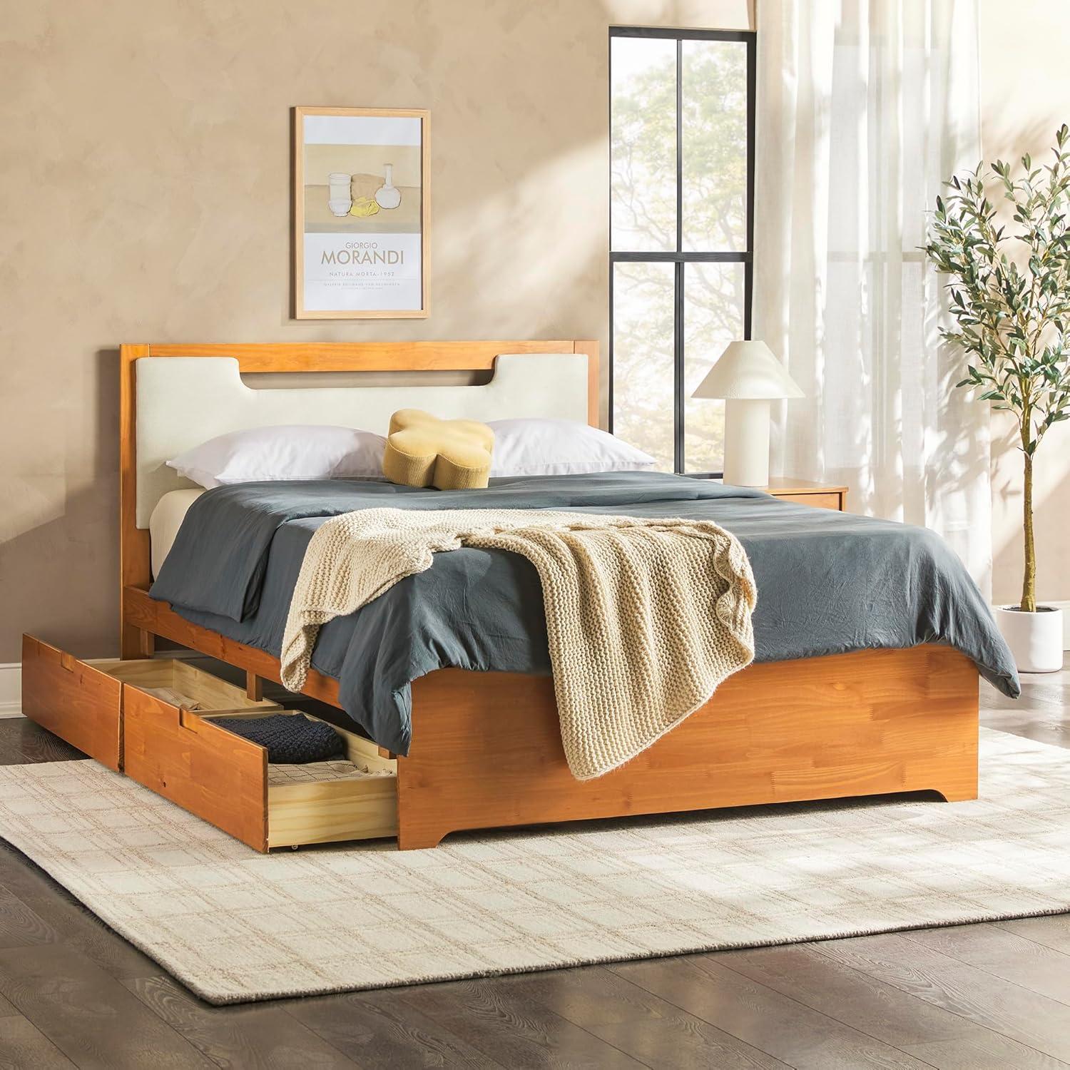 imageWalker Edision Sloane Solid Wood Upholstered Bed Frame with Storage Drawers Queen CaramelCaramel