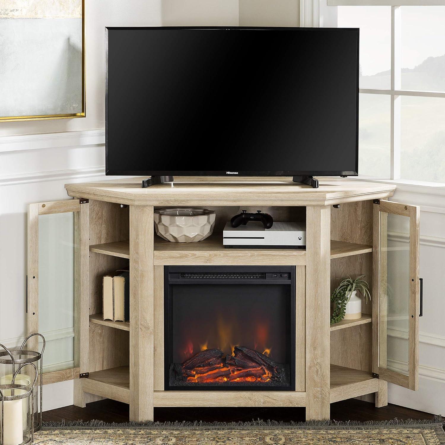 imageWalker Edison Alcott Classic Glass Door Fireplace Corner TV Stand for TVs up to 55 Inches 48 Inch Traditional BrownWhite Oak