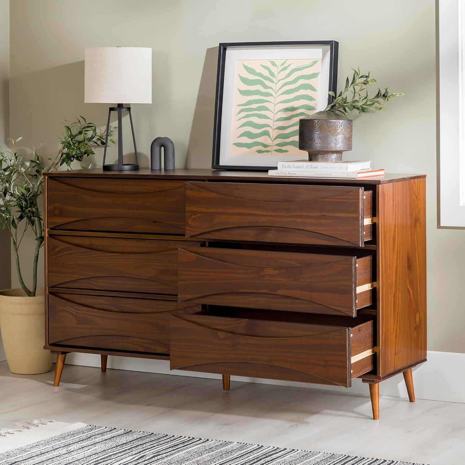 imageWalker Edison Atticus MidCentury Modern Detailed 6Drawer Solid Wood Dresser 59 Inch WalnutWalnut