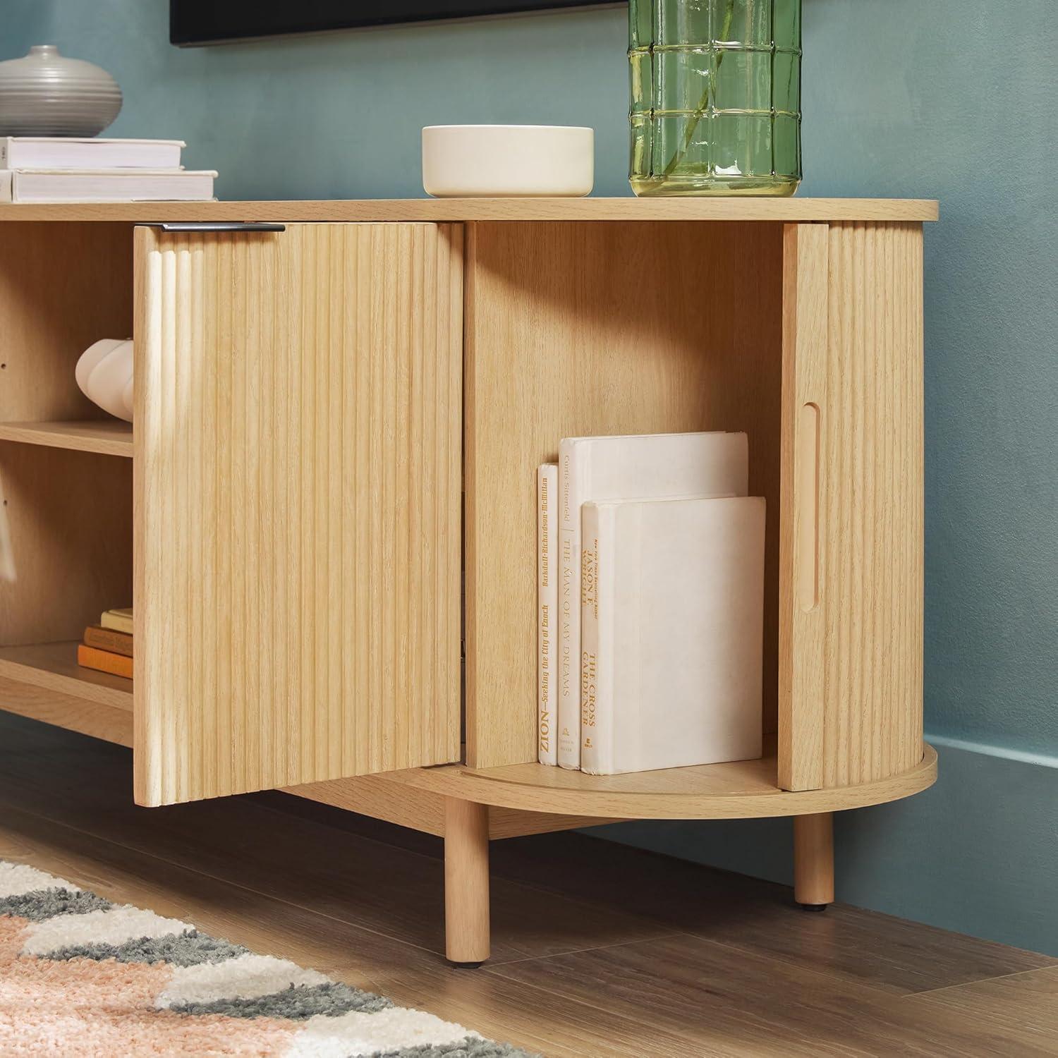 imageWalker Edison Chloe Curved Reeded TV Stand Sliding Doors 75 Inch 70 inch MochaCoastal Oak