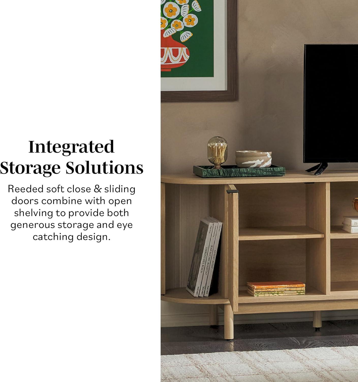 imageWalker Edison Chloe Curved Reeded TV Stand Sliding Doors 75 Inch 70 inch MochaCoastal Oak