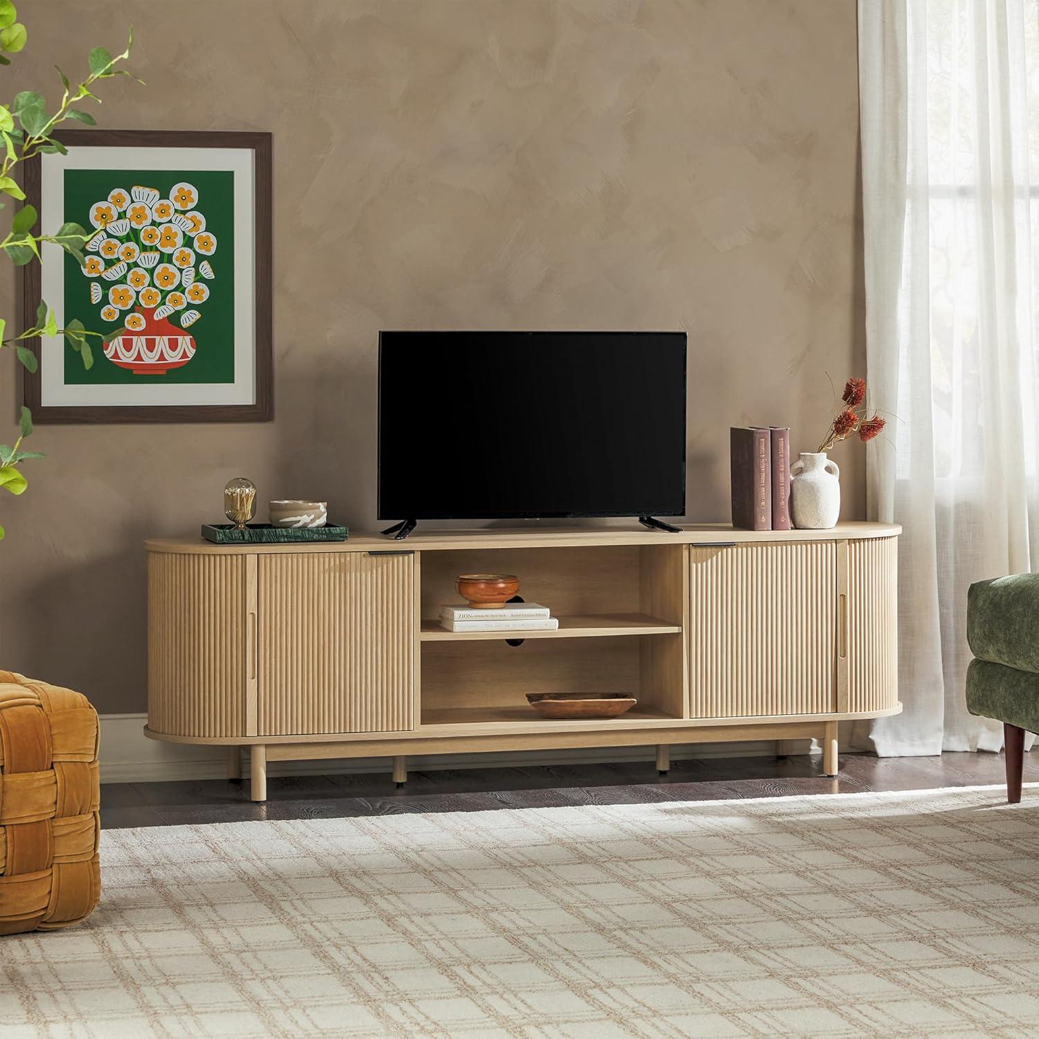 imageWalker Edison Chloe Curved Reeded TV Stand Sliding Doors 75 Inch 70 inch MochaCoastal Oak