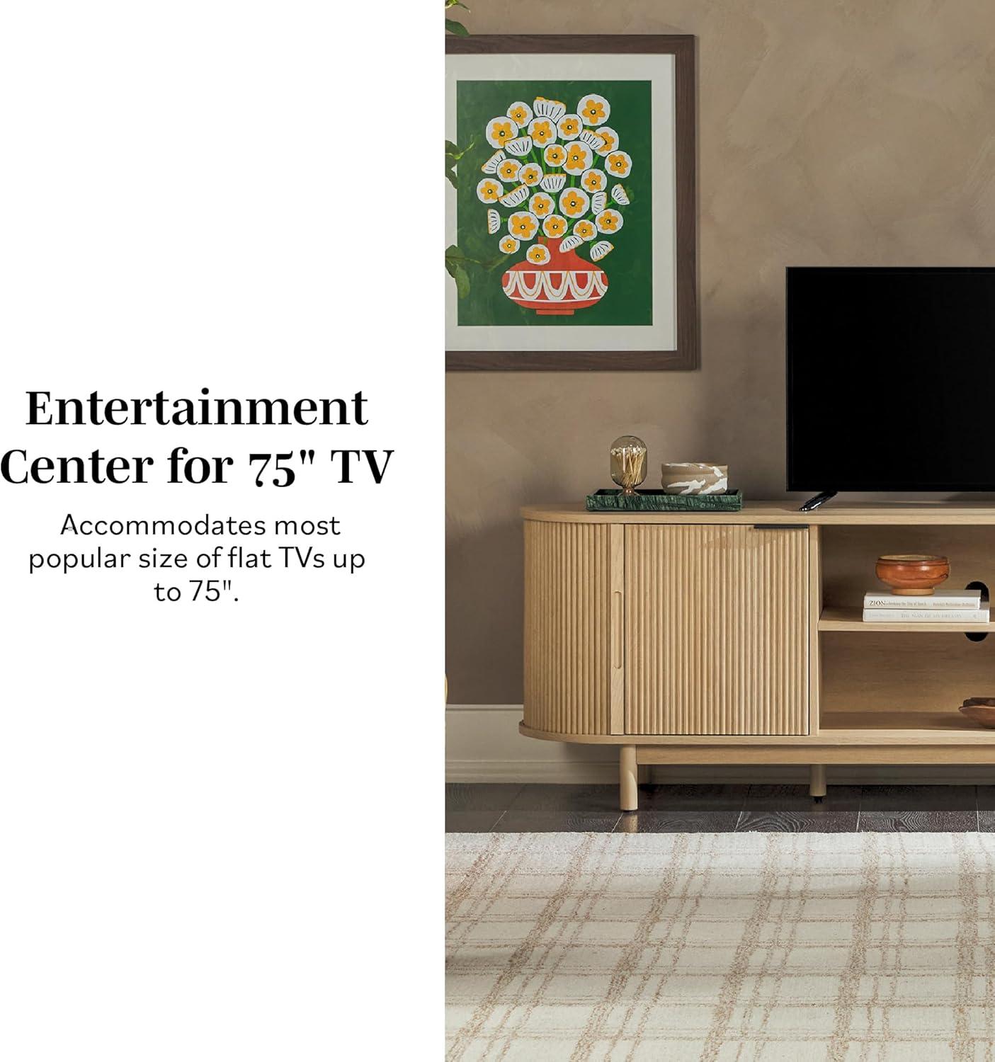 imageWalker Edison Chloe Curved Reeded TV Stand Sliding Doors 75 Inch 70 inch MochaCoastal Oak