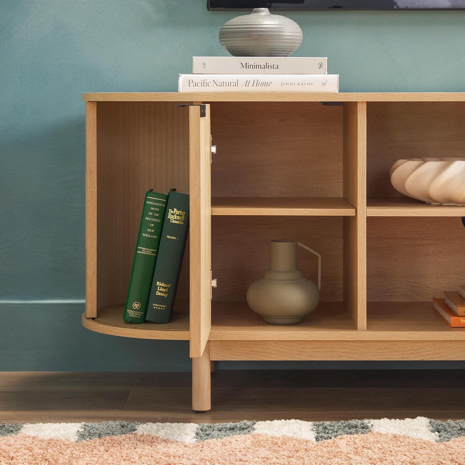 imageWalker Edison Chloe Curved Reeded TV Stand Sliding Doors 75 Inch 70 inch MochaCoastal Oak