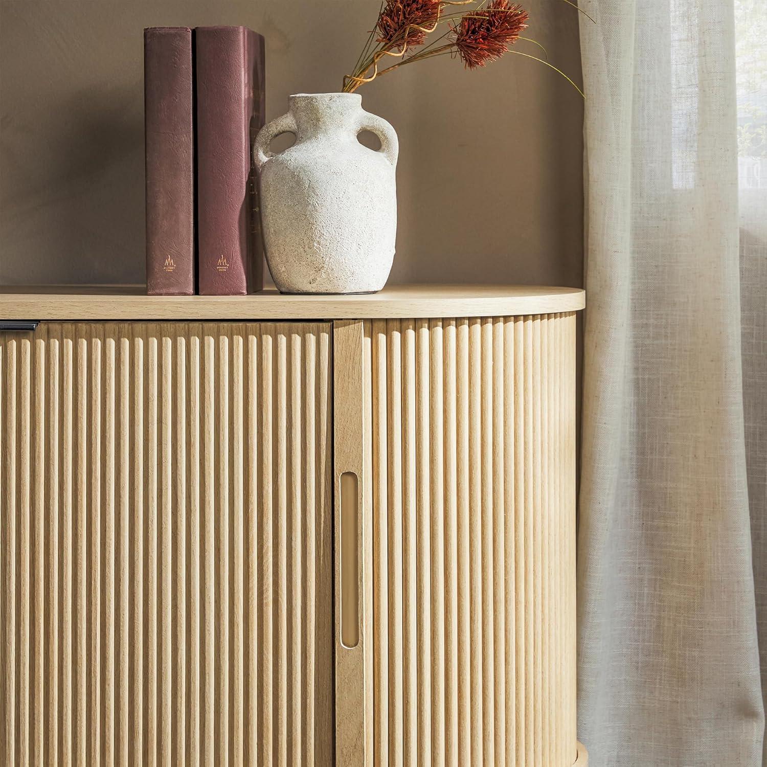 imageWalker Edison Chloe Curved Reeded TV Stand Sliding Doors 75 Inch 70 inch MochaCoastal Oak