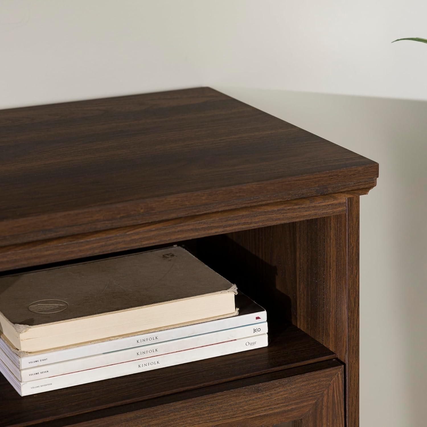 imageWalker Edison Classic Glass Door Universal TV Stand for TVs up to 64quot Flat Screen Living Room Storage Cabinet Doors and Shelves Entertainment Center 16quotD x 58quotW x 33quotH Dark WalnutDark Walnut