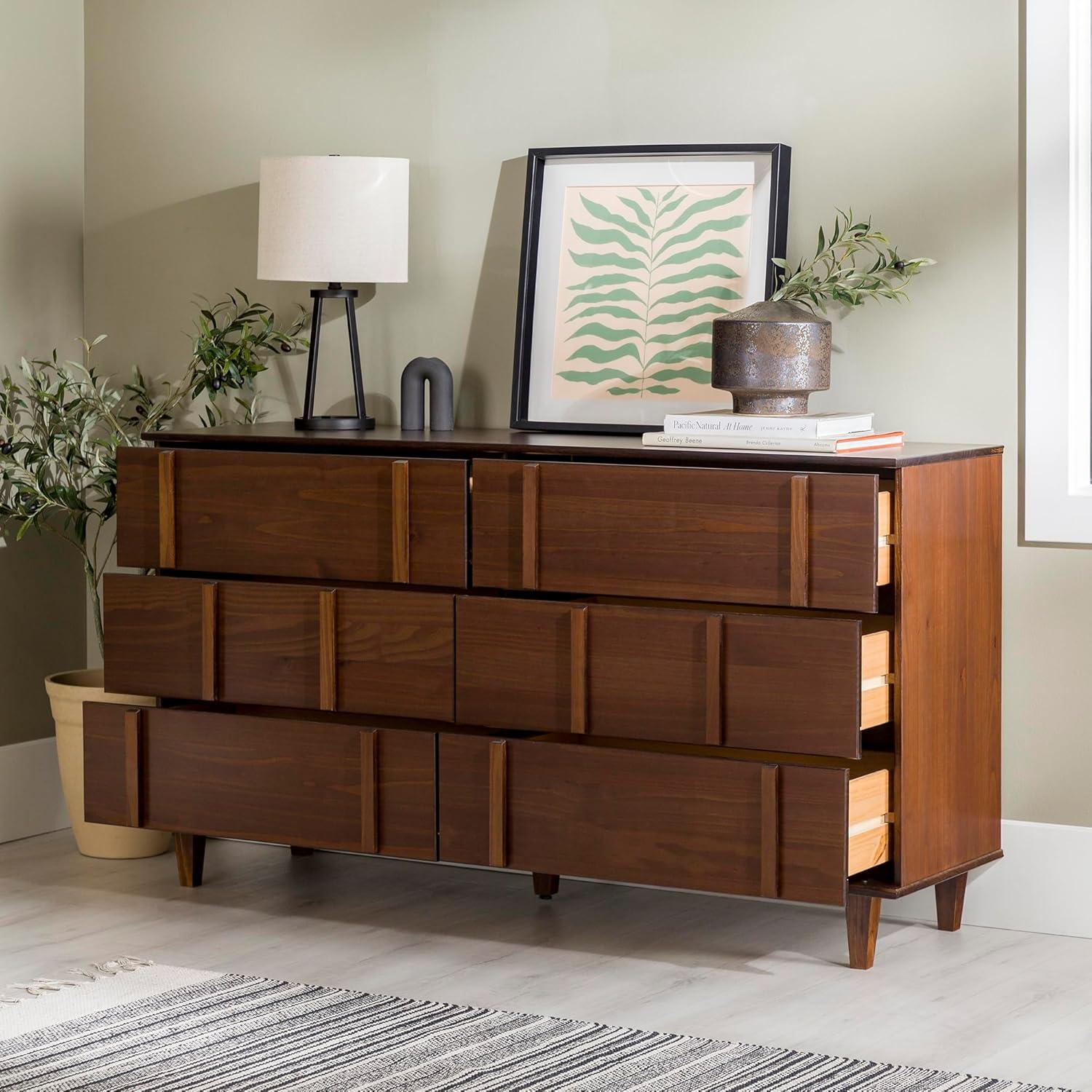 imageWalker Edison Contemporary Detailed 6Drawer Solid Wood Dresser 60 Inch WalnutWalnutt