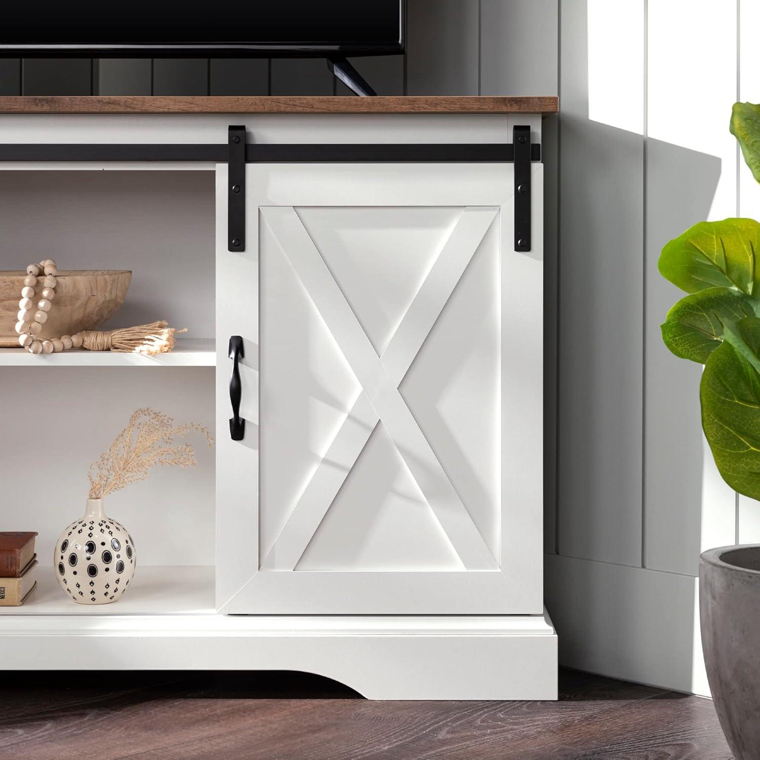 imageWalker Edison Everette Modern Farmhouse Double Sliding X Barn Door TV Stand for TVs up to 58 Inches 52 Inch Reclaimed Barnwood and Solid WhiteReclaimed Barnwood and Solid White