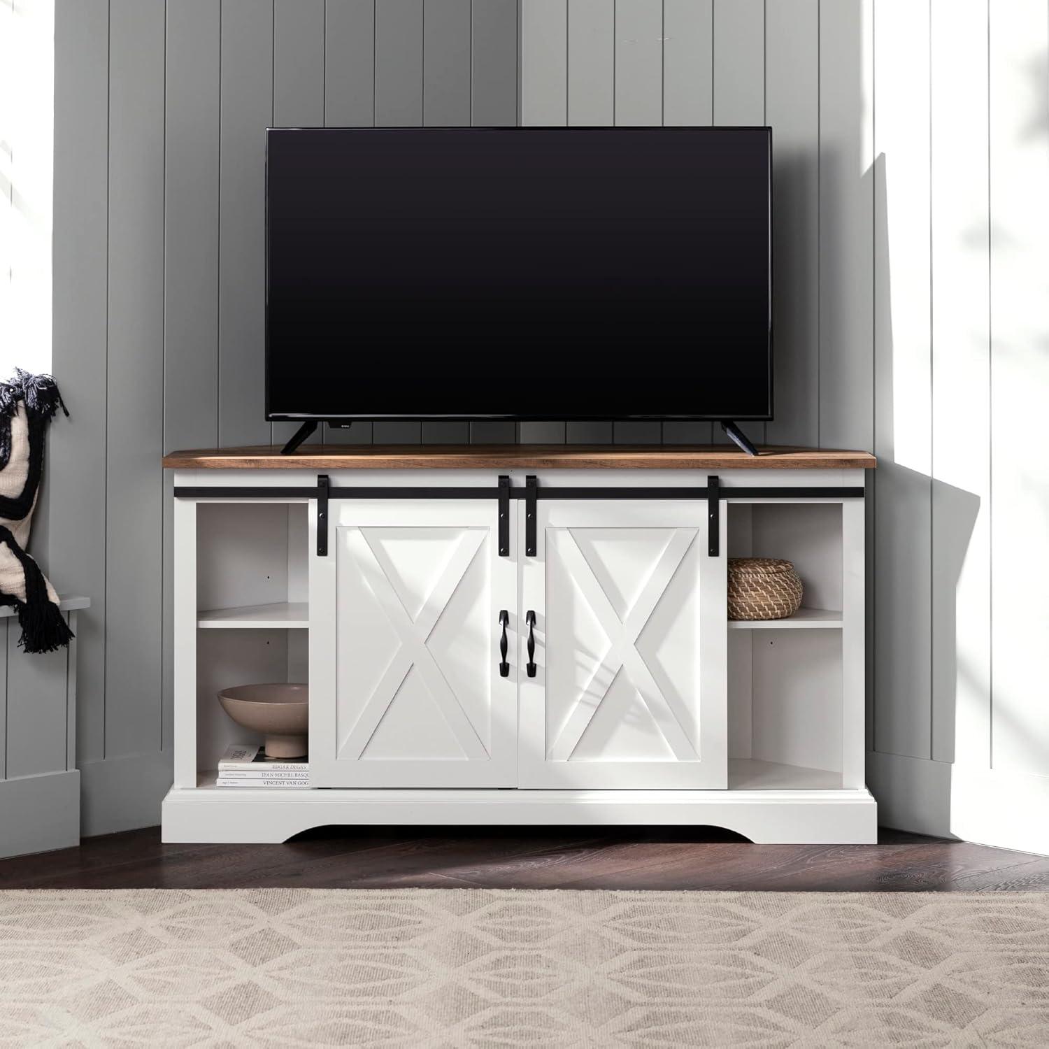 imageWalker Edison Everette Modern Farmhouse Double Sliding X Barn Door TV Stand for TVs up to 58 Inches 52 Inch Reclaimed Barnwood and Solid WhiteReclaimed Barnwood and Solid White