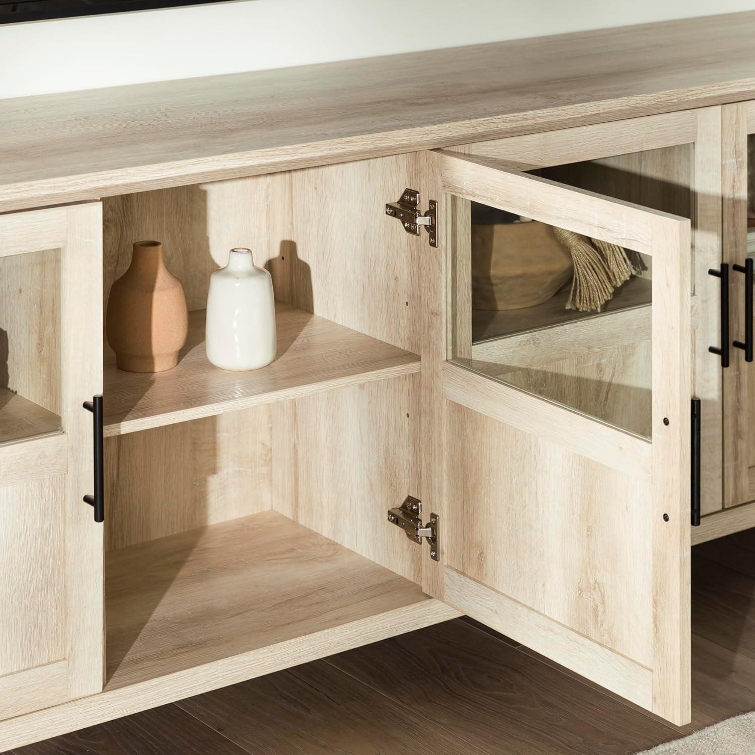 imageWalker Edison Farmhouse Glass and Wood TV Stand for TVs up to 80quot Universal TV Stand for Flat Screen Living Room Storage Cabinets and Shelves Entertainment Center 70 Inch White OakWhite Oak