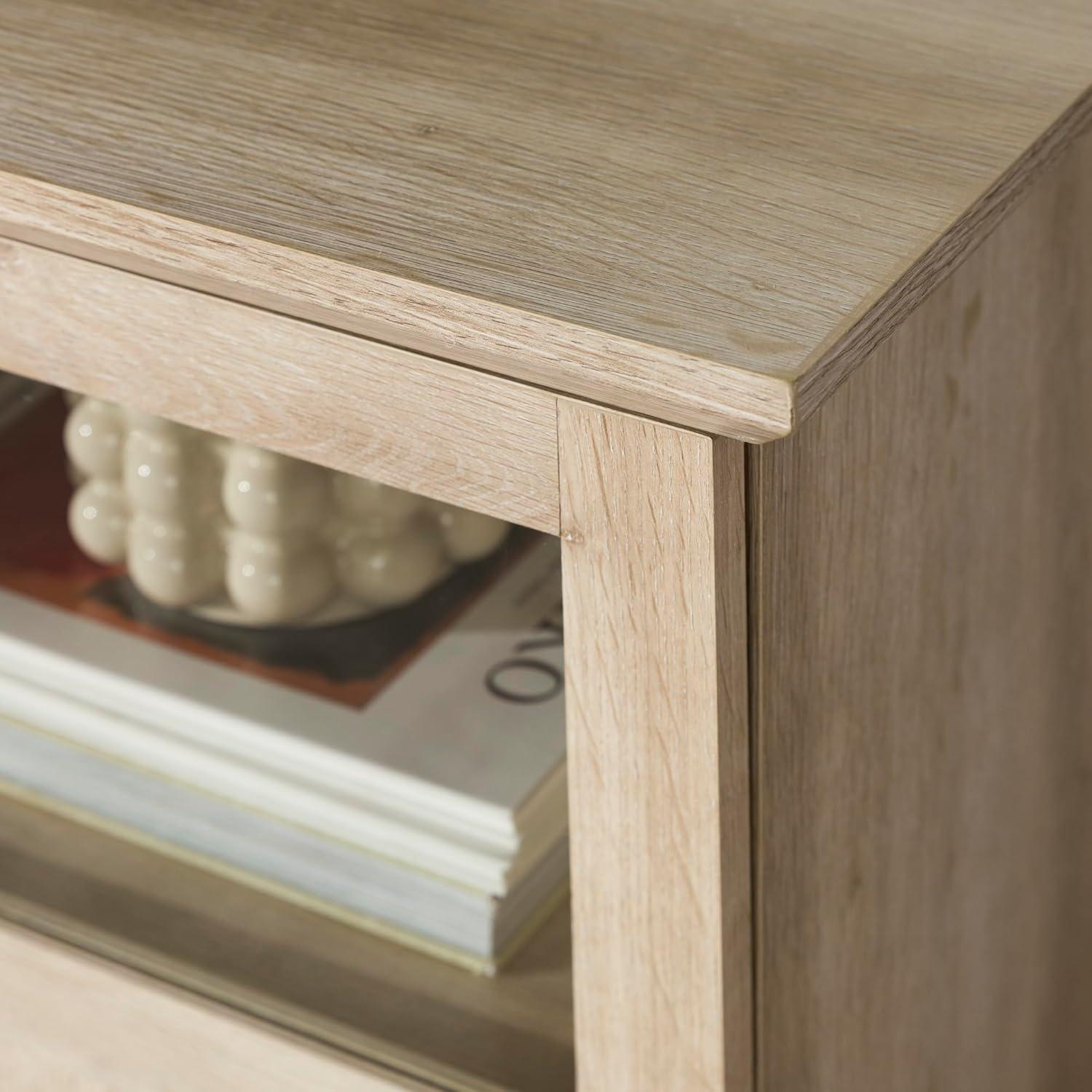 imageWalker Edison Farmhouse Glass and Wood TV Stand for TVs up to 80quot Universal TV Stand for Flat Screen Living Room Storage Cabinets and Shelves Entertainment Center 70 Inch White OakWhite Oak