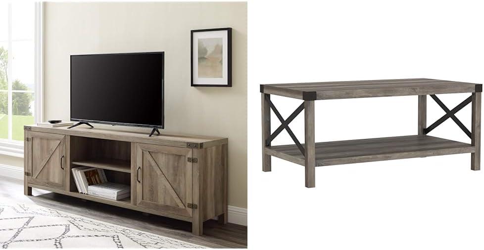 imageWalker Edison Georgetown Modern Farmhouse Double Barn Door TV Stand for TVs up to 80 Inches 70 Inch Rustic Oak Without Fireplace 1575 x 70 x 24 inchesGrey Wash