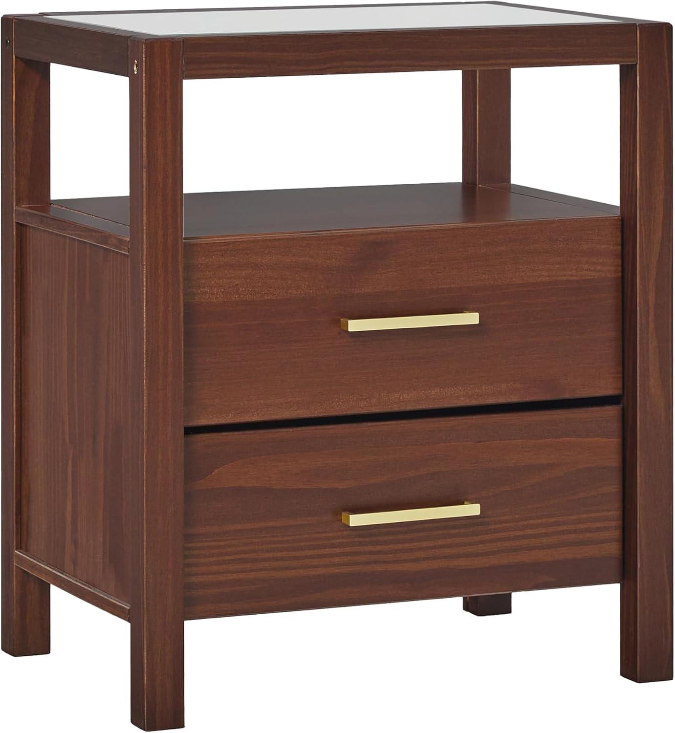 imageWalker Edison Isla Modern Solid Wood 2 Drawer Nightstand Side Table with Glass Top 22 Inch BlackWalnut