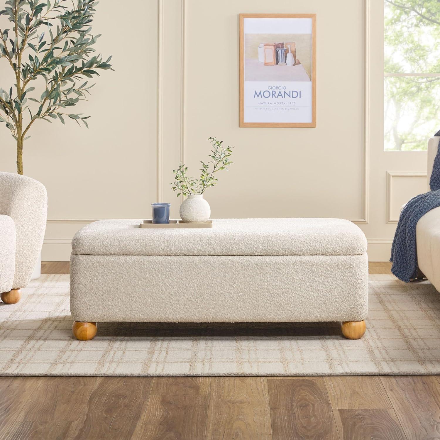 imageWalker Edison Linley Contemporary Large Storage Boucl Ottoman with Wood Legs IvoryIvory