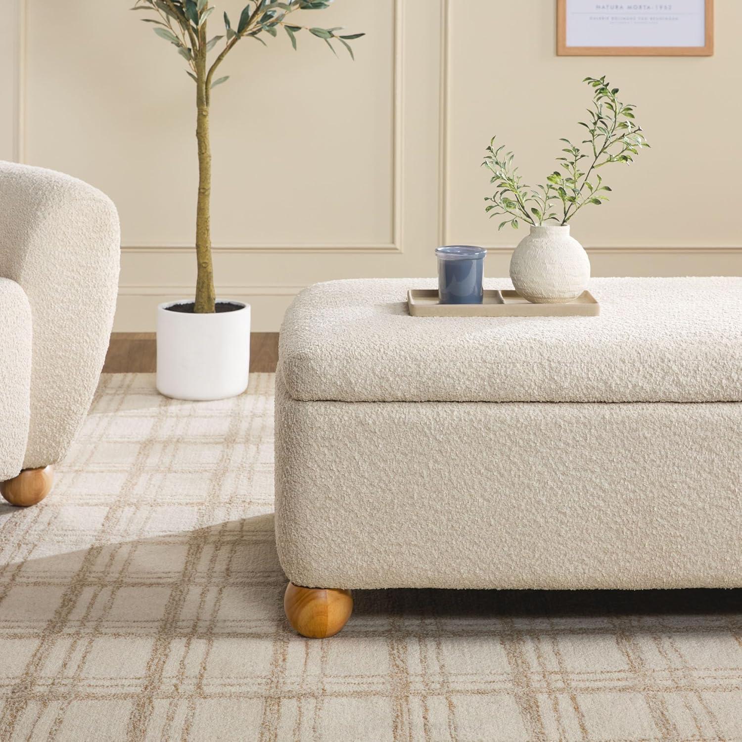 imageWalker Edison Linley Contemporary Large Storage Boucl Ottoman with Wood Legs IvoryIvory