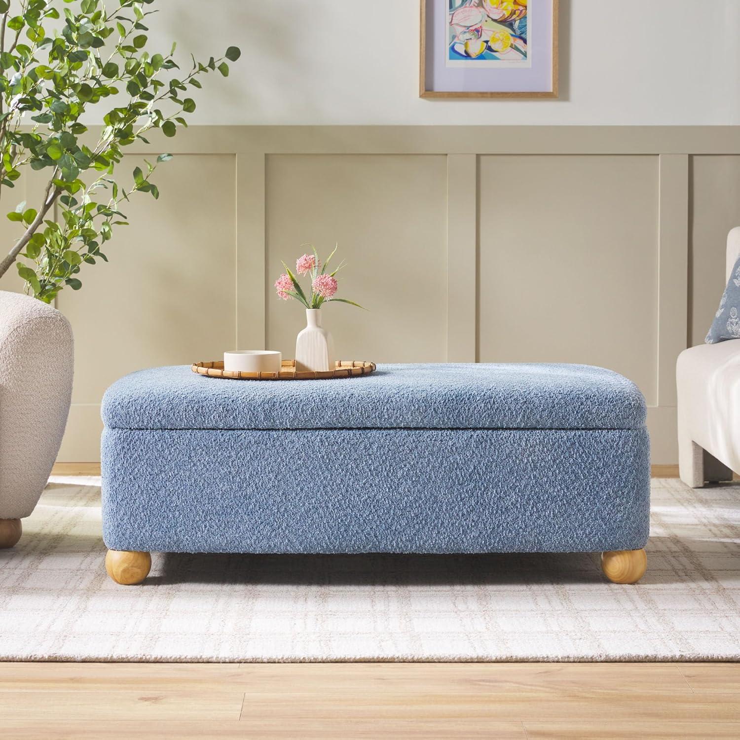 imageWalker Edison Linley Contemporary Large Storage Boucl Ottoman with Wood Legs IvorySoft Blue