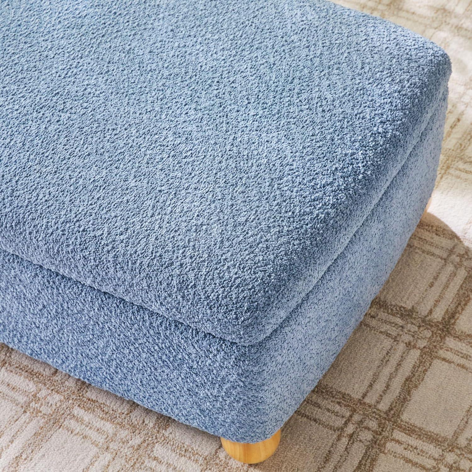 imageWalker Edison Linley Contemporary Large Storage Boucl Ottoman with Wood Legs IvorySoft Blue