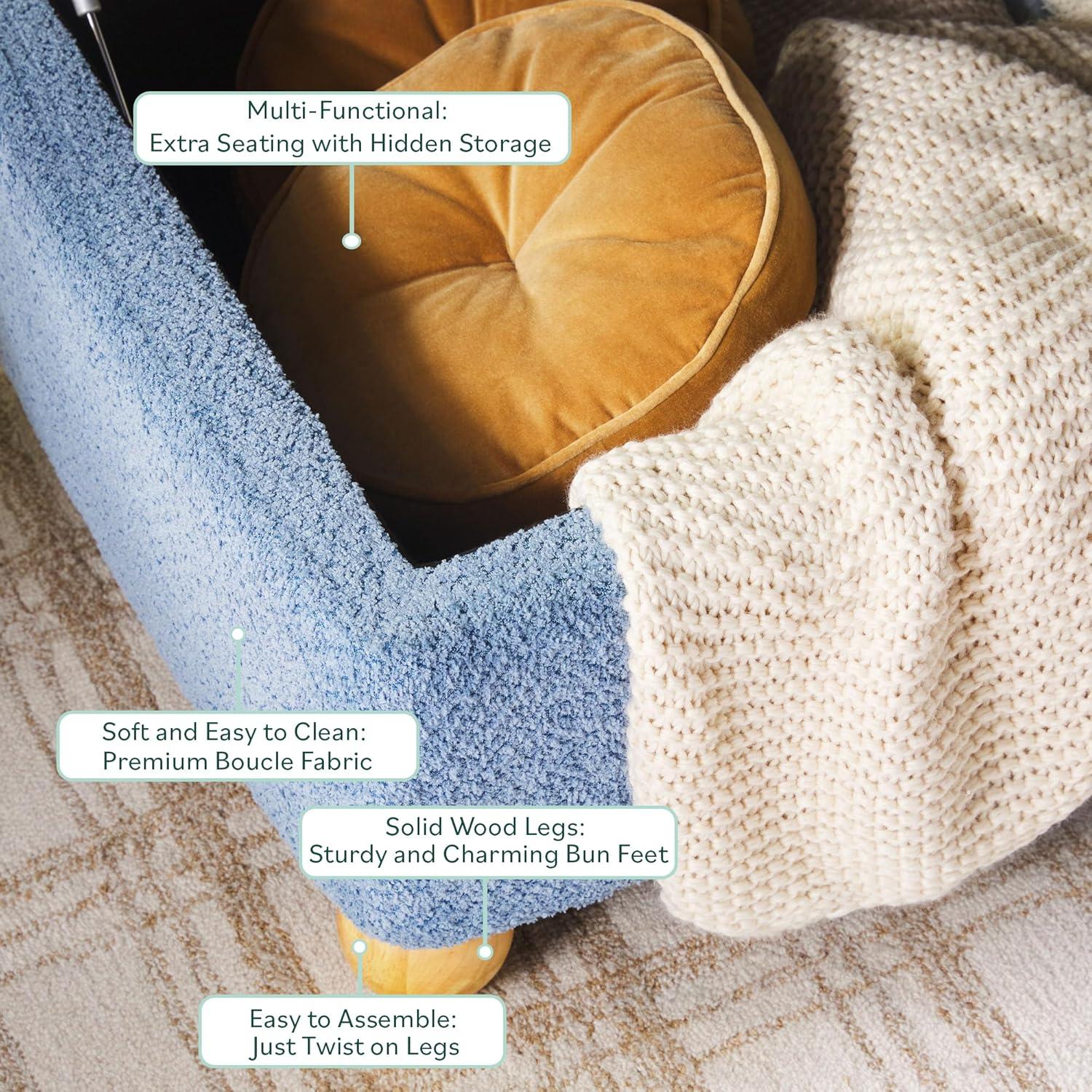 imageWalker Edison Linley Contemporary Large Storage Boucl Ottoman with Wood Legs IvorySoft Blue