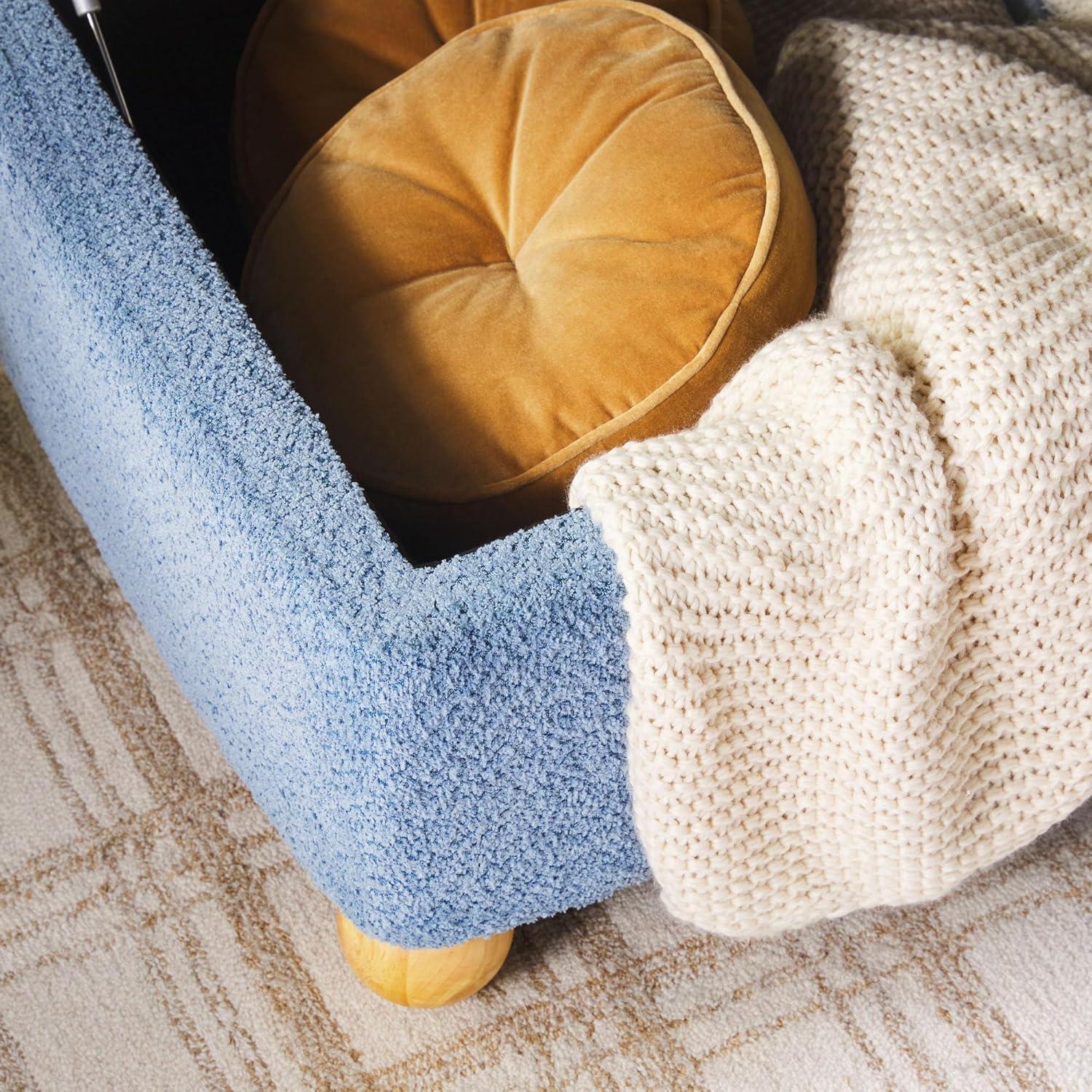 imageWalker Edison Linley Contemporary Large Storage Boucl Ottoman with Wood Legs IvorySoft Blue