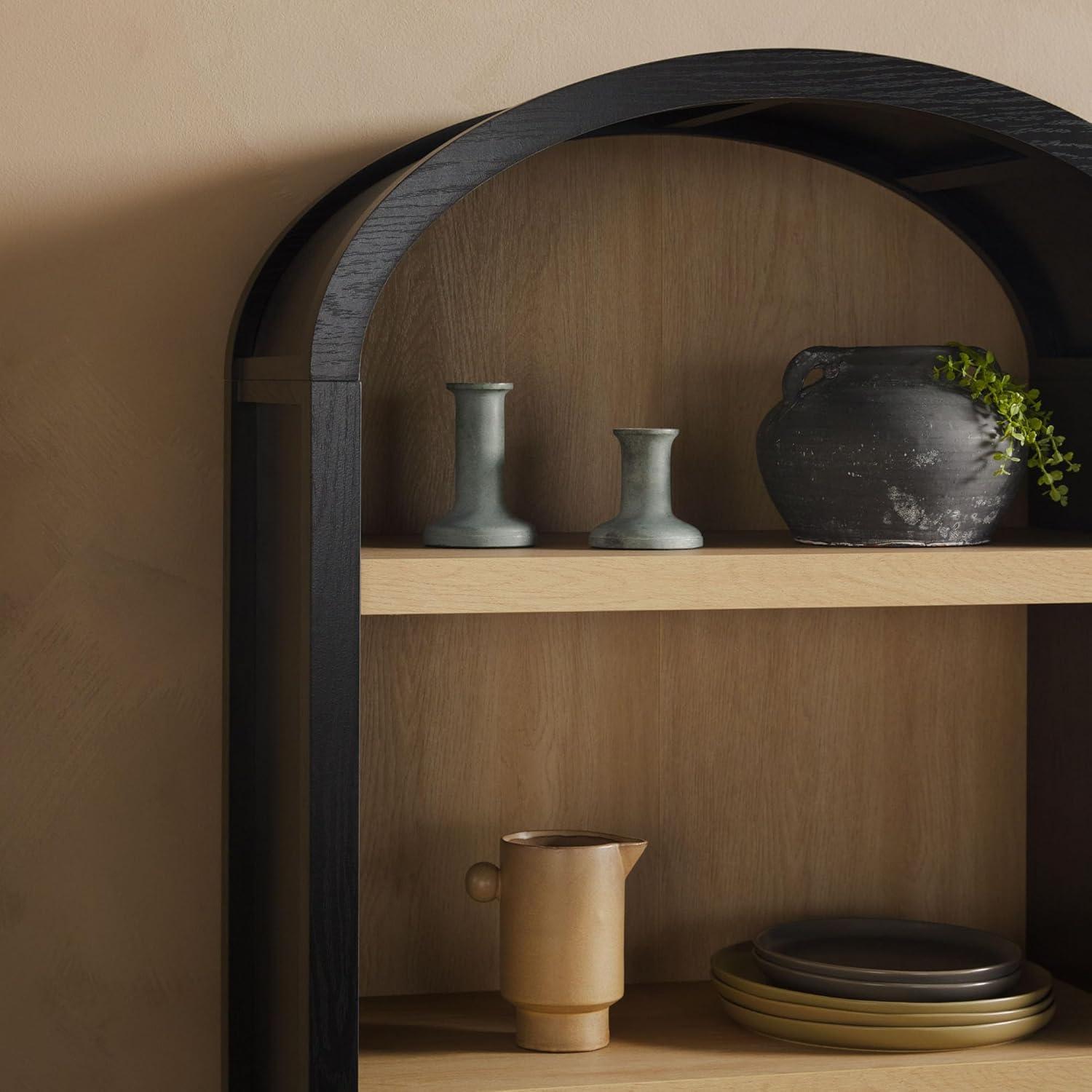 imageWalker Edison Modern Arched 3Shelf Bookcase with Lower Cabinet Curved Top Bookcase with Doors on Bottom for Home Office Living Room Bedroom Storage Solution Coastal OakBlack