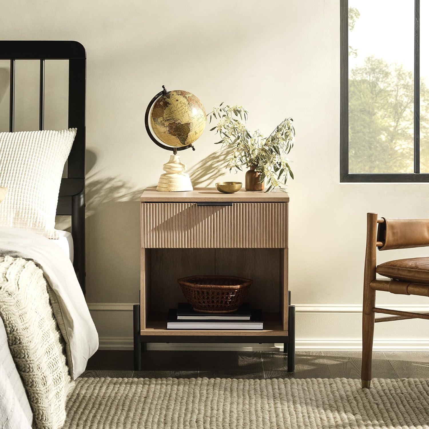 imageWalker Edison Paris Modern ReededDrawer Nightstand with Open Storage 24 Inch MochaCoastal Oak