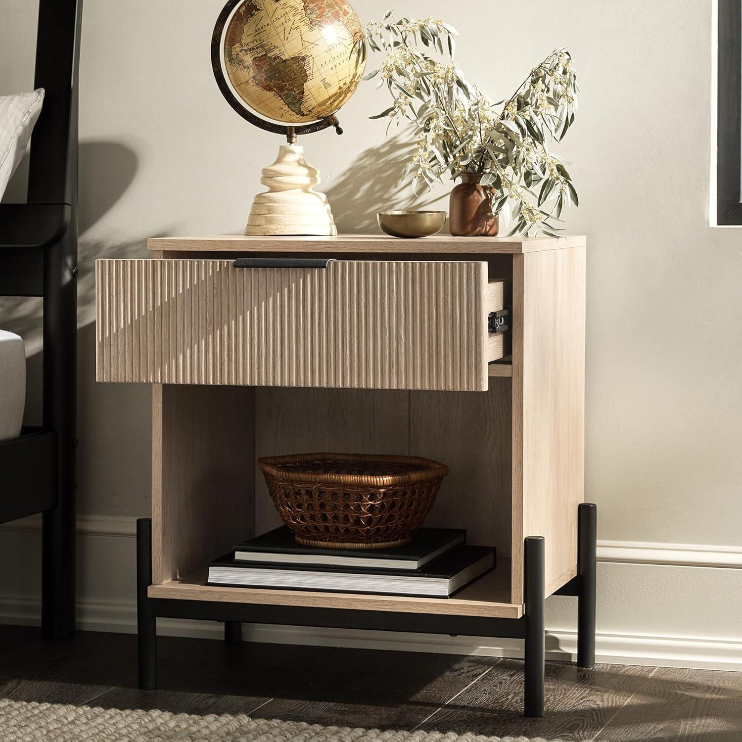 imageWalker Edison Paris Modern ReededDrawer Nightstand with Open Storage 24 Inch MochaCoastal Oak