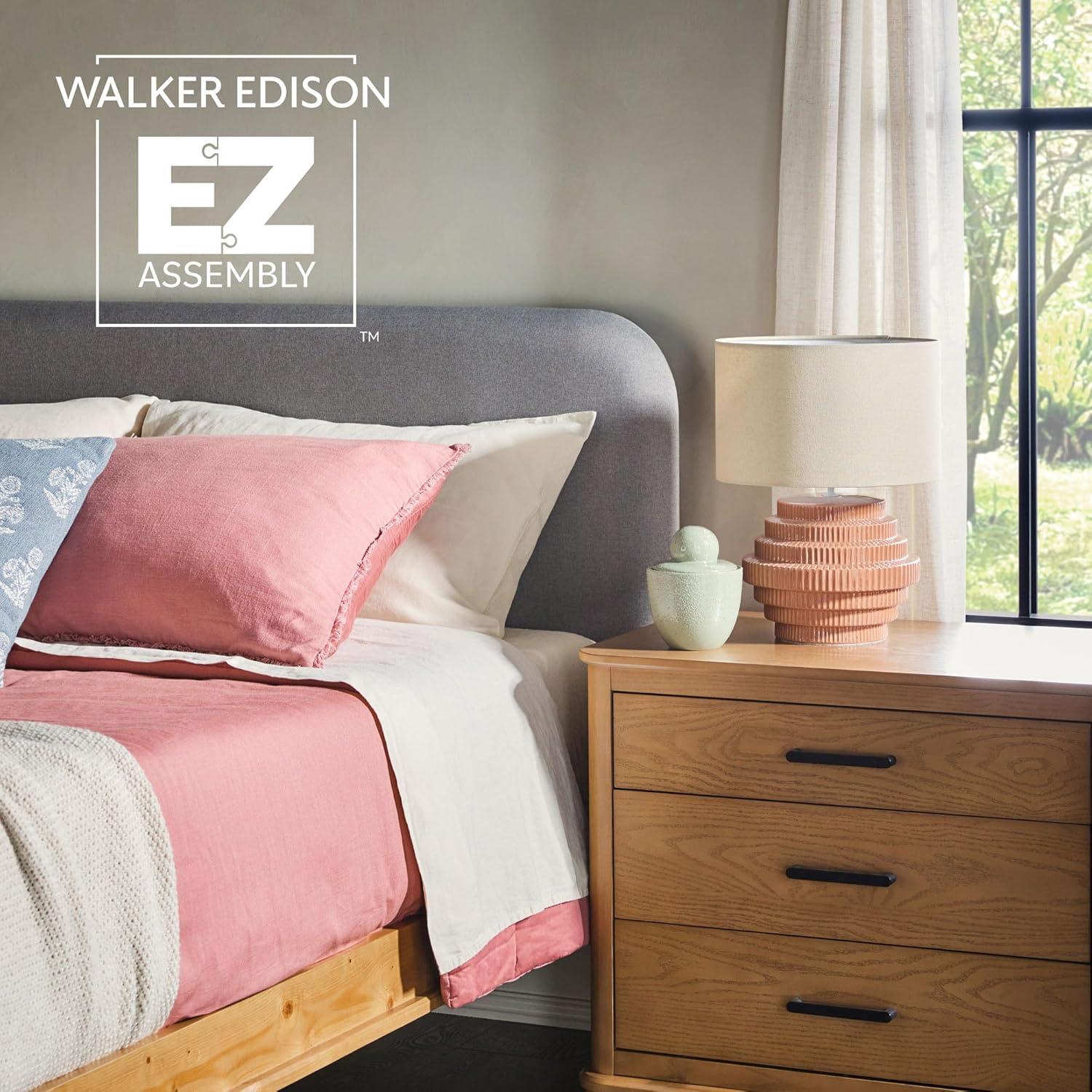 imageWalker Edison Queen Contemporary Solid Wood Bed Curved Upholstered Headboard Platform Bed No Box Spring Required Queen Size English OakGreyEnglish Oak