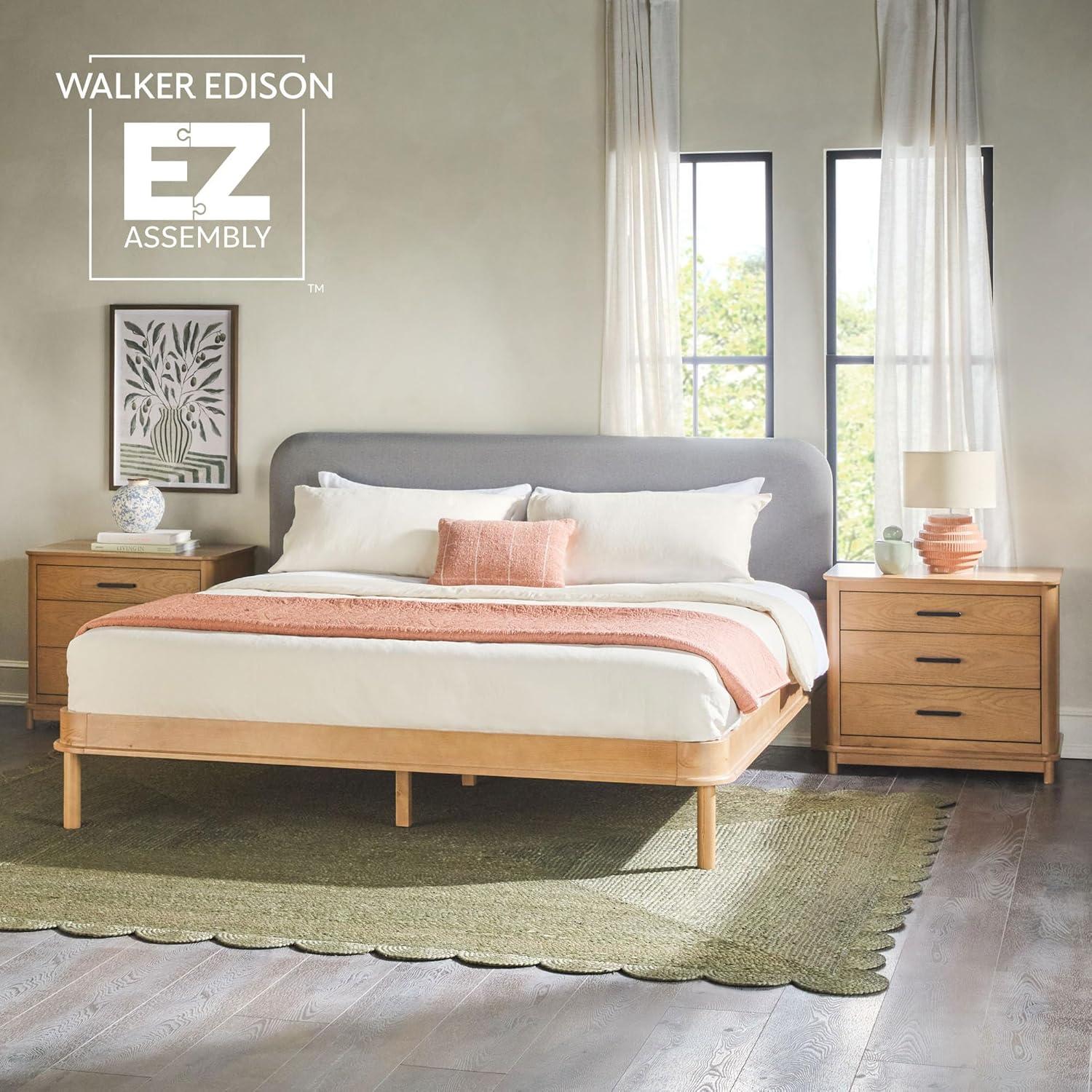 imageWalker Edison Queen Contemporary Solid Wood Bed Curved Upholstered Headboard Platform Bed No Box Spring Required Queen Size English OakGreyEnglish Oak