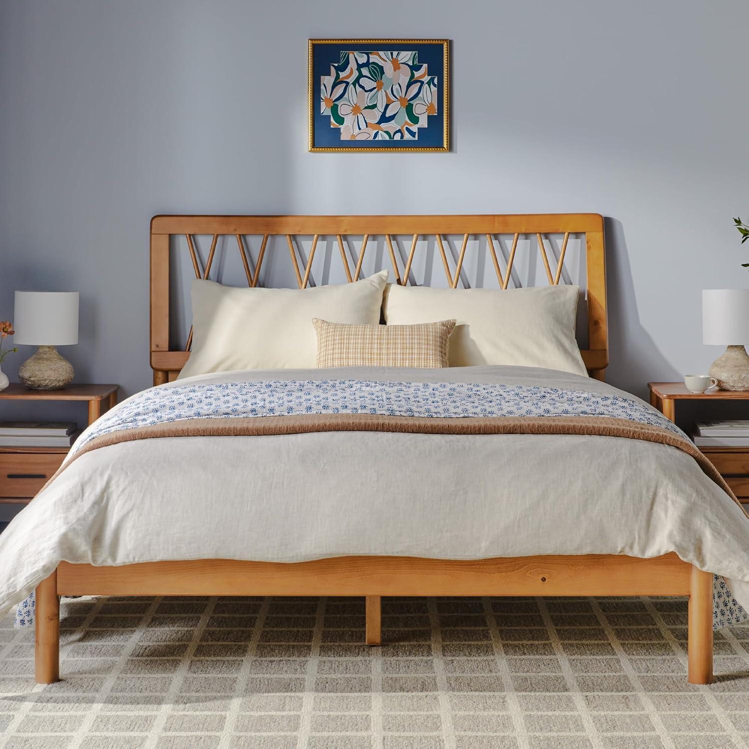 imageWalker Edison Queen Transitional Geometric X Pattern Headboard Solid Wood Bed Queen Size CaramelCaramel