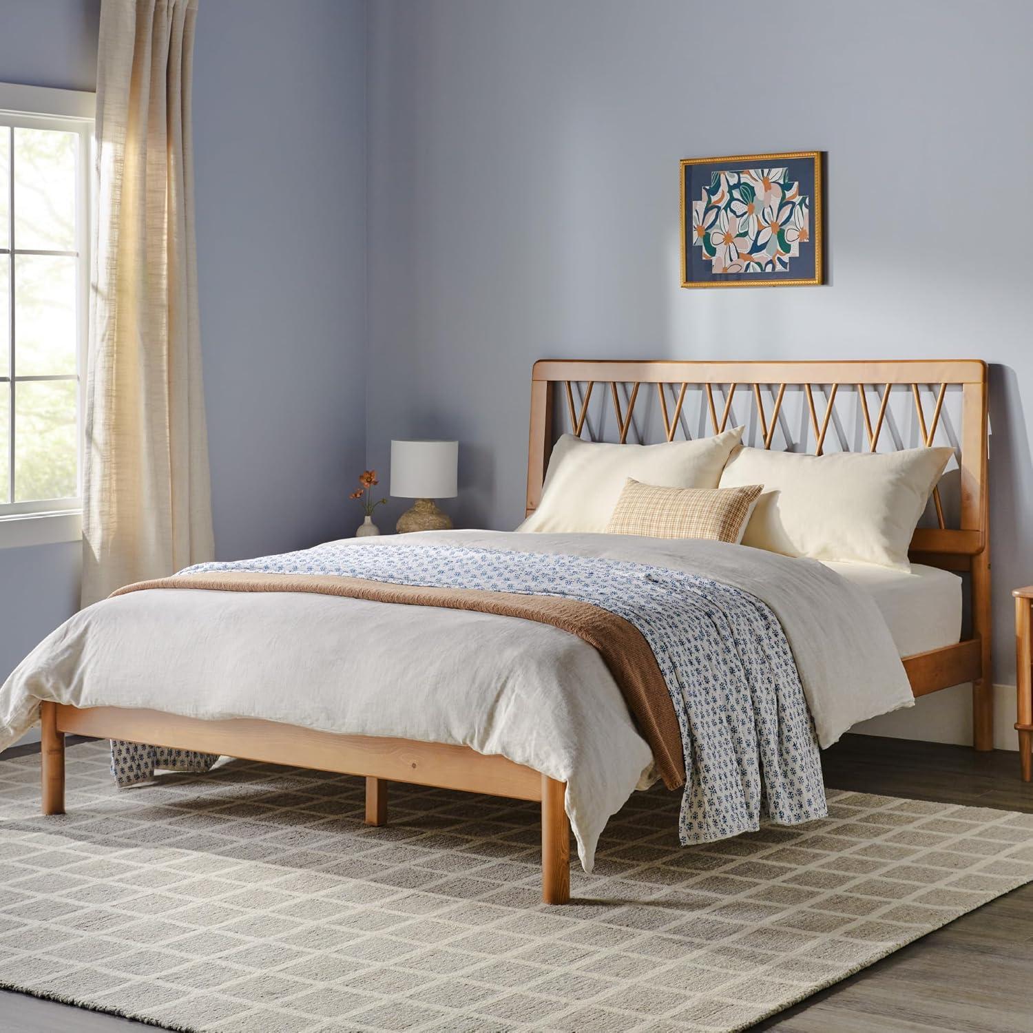imageWalker Edison Queen Transitional Geometric X Pattern Headboard Solid Wood Bed Queen Size CaramelCaramel