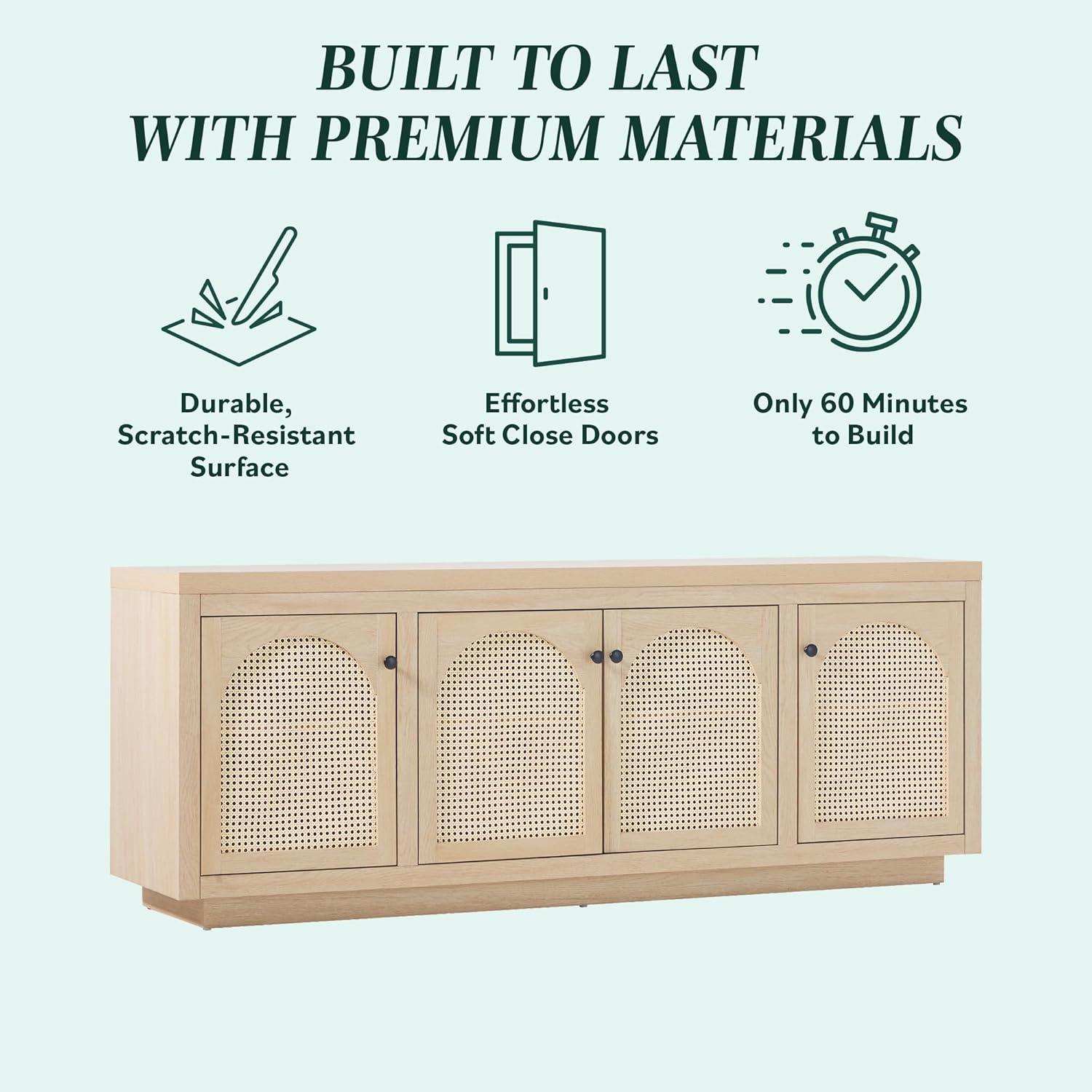 imageWalker Edison Sasha 4Door Reeded Sideboard Buffet with Cord Management 70 Inch Coastal OakCoastal Oak