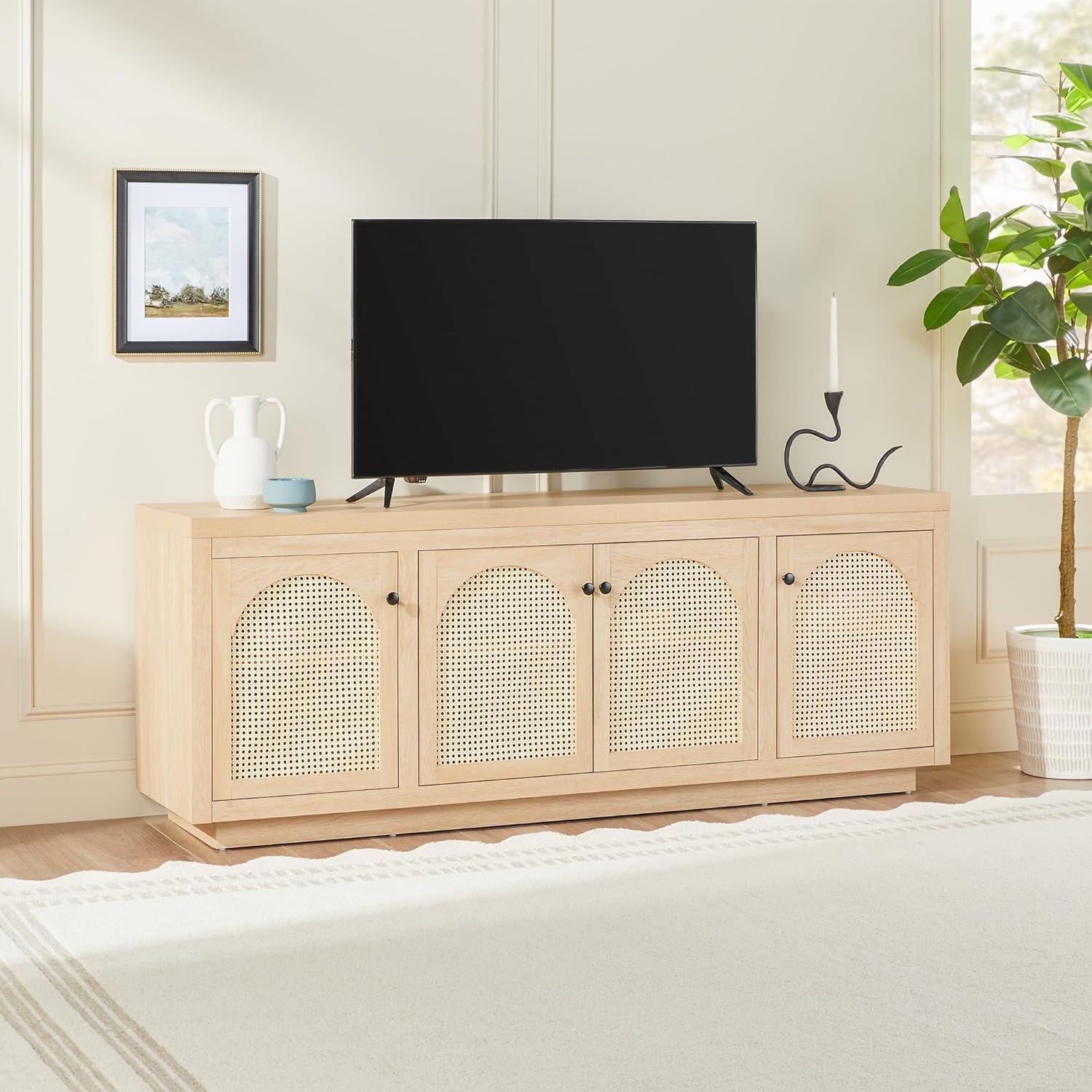 imageWalker Edison Sasha 4Door Reeded Sideboard Buffet with Cord Management 70 Inch Coastal OakCoastal Oak
