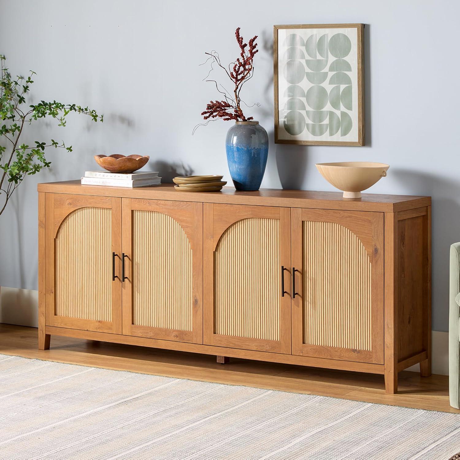 imageWalker Edison Sasha 4Door Reeded Sideboard Buffet with Cord Management 70 Inch Coastal OakEnglish Oak
