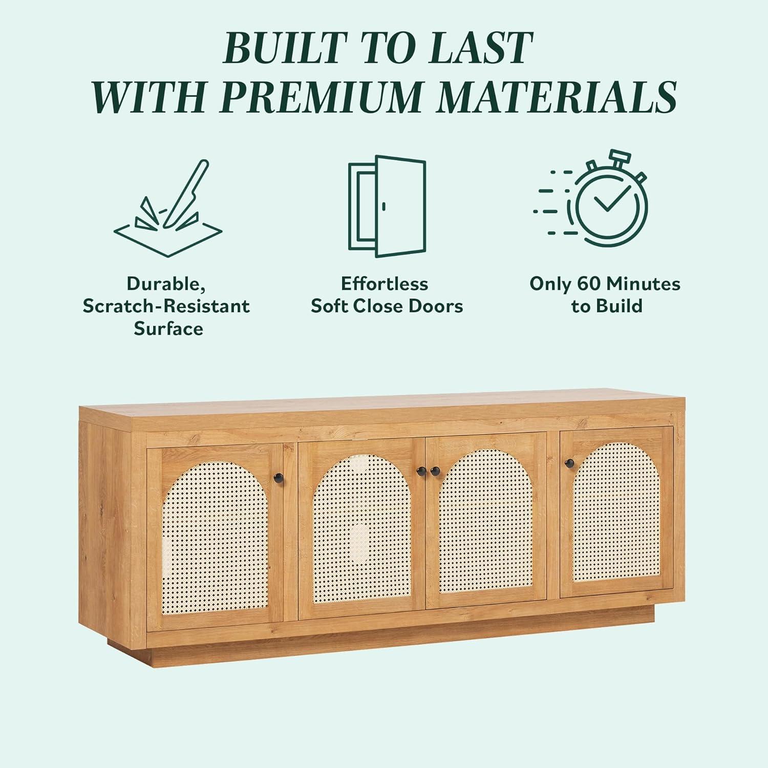 imageWalker Edison Sasha 4Door Reeded Sideboard Buffet with Cord Management 70 Inch Coastal OakEnglish Oak