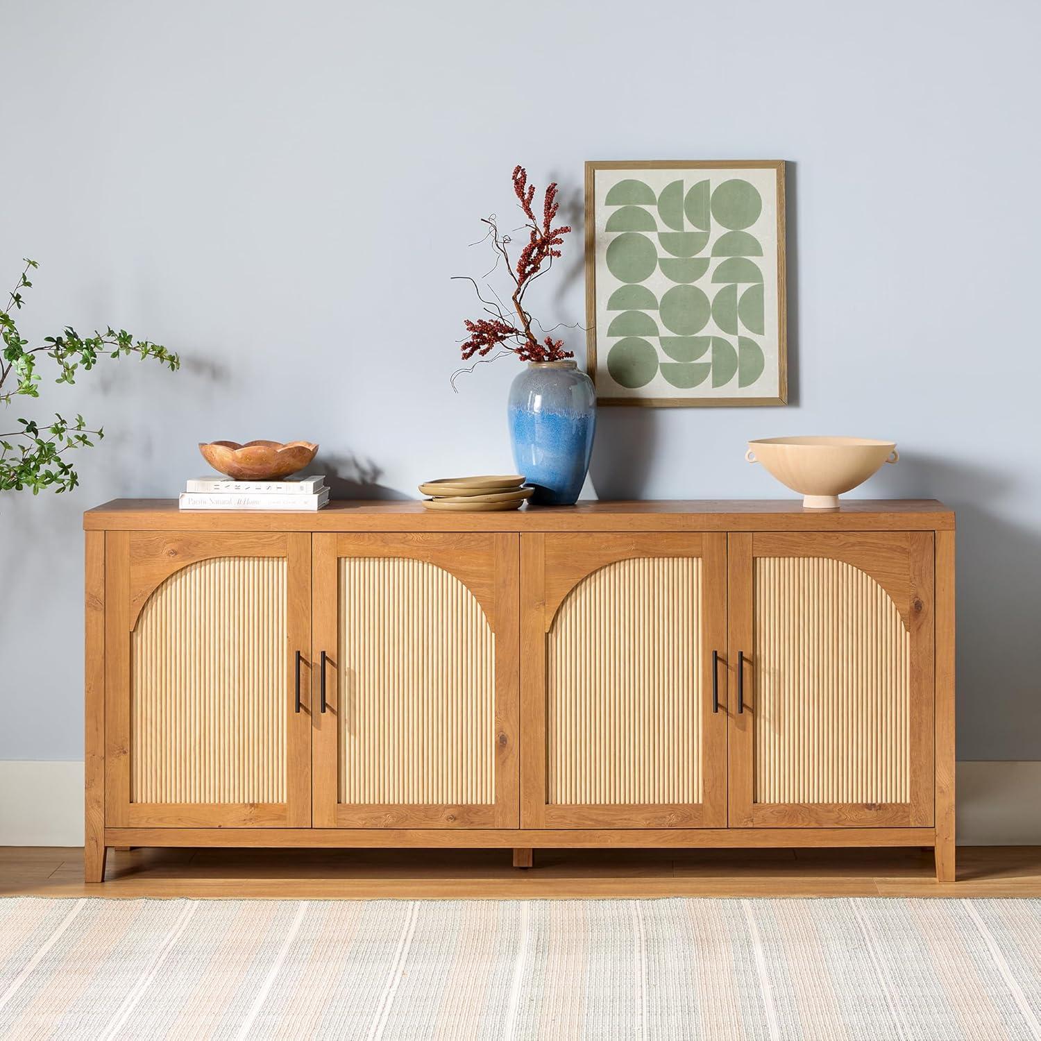imageWalker Edison Sasha 4Door Reeded Sideboard Buffet with Cord Management 70 Inch Coastal OakEnglish Oak