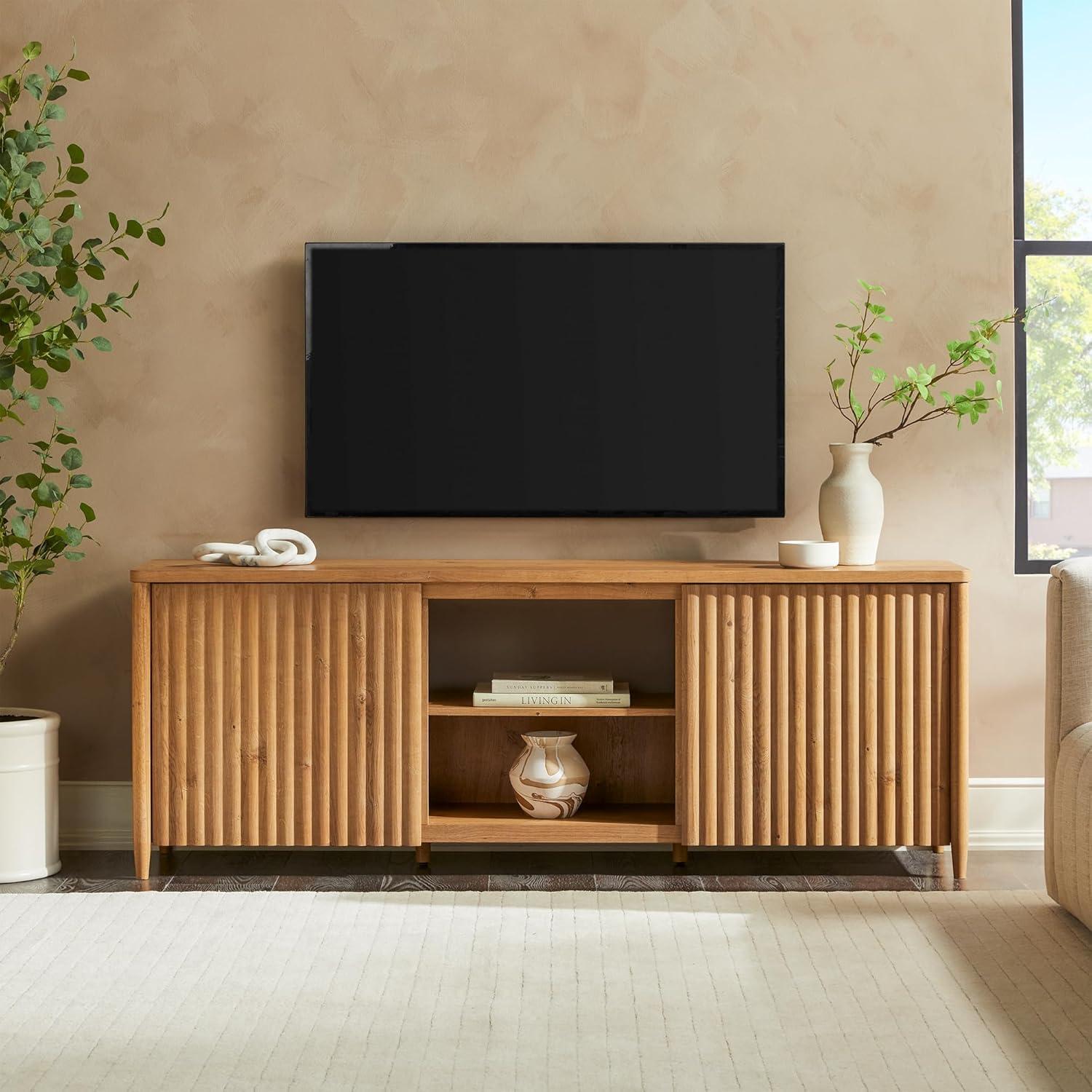 imageWalker Edison Scandinavian Reeded TV Stand with Storage for up to 70quot TV Coastal OakEnglish Oak