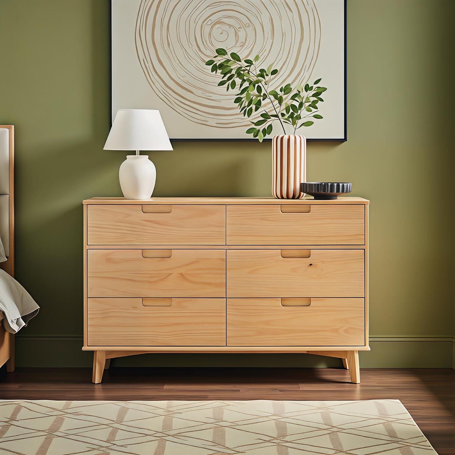 imageWalker Edison Sloane 6Drawer Solid Wood Dresser with Metal Handles 52 Inch CaramelNatural Pine