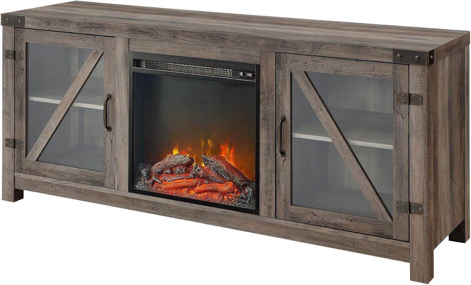 imageWalker Edison Wesley Modern Farmhouse Glass Door TV Stand for TVs up to 65 Inches 58 Inch Stone Grey Without FireplaceGrey Wash