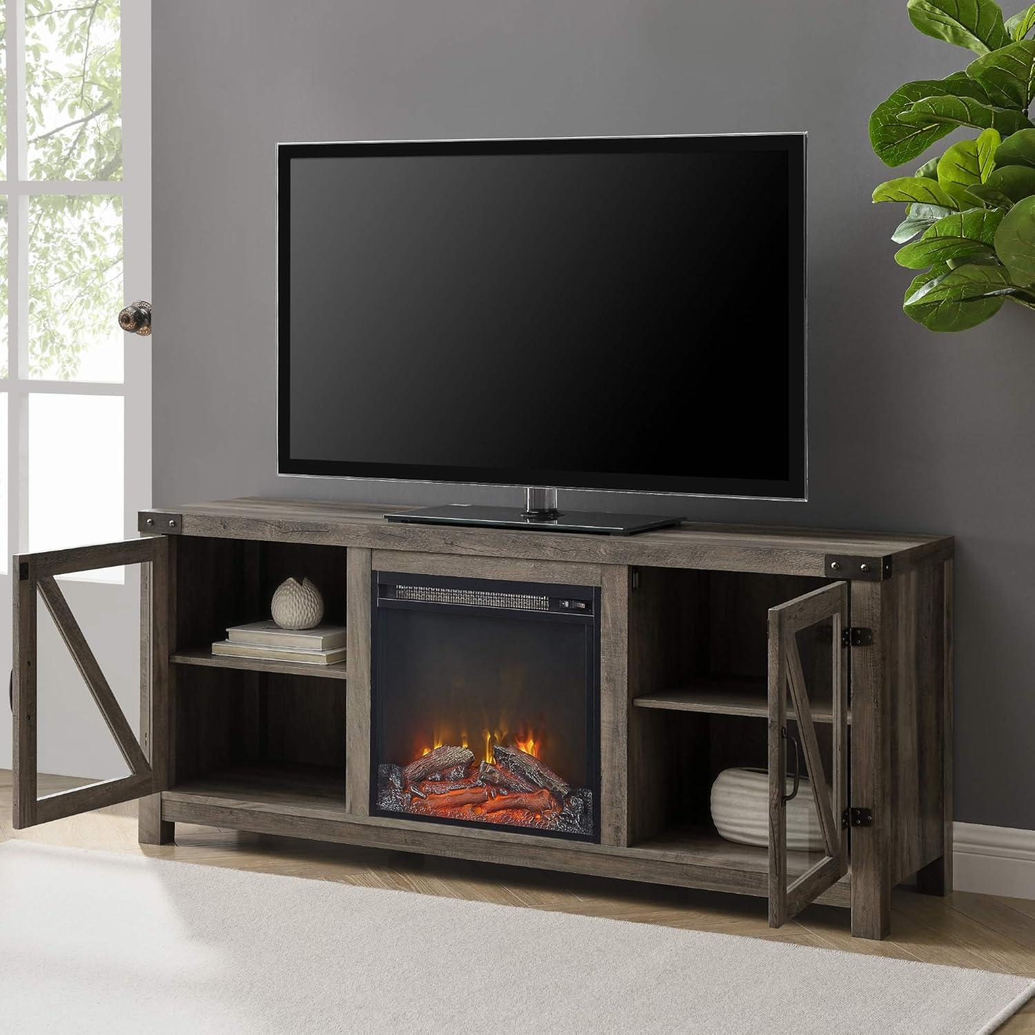 imageWalker Edison Wesley Modern Farmhouse Glass Door TV Stand for TVs up to 65 Inches 58 Inch Stone Grey Without FireplaceGrey Wash