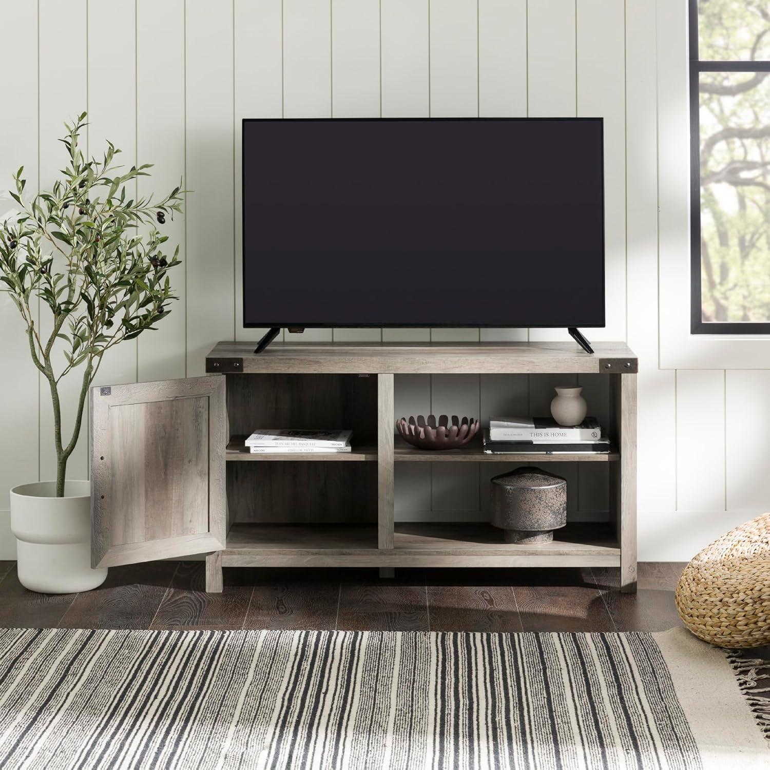 imageWalker Edison Wesley Modern Farmhouse Glass Door TV Stand for TVs up to 65 Inches 58 Inch Stone Grey Without FireplaceGrey Wash