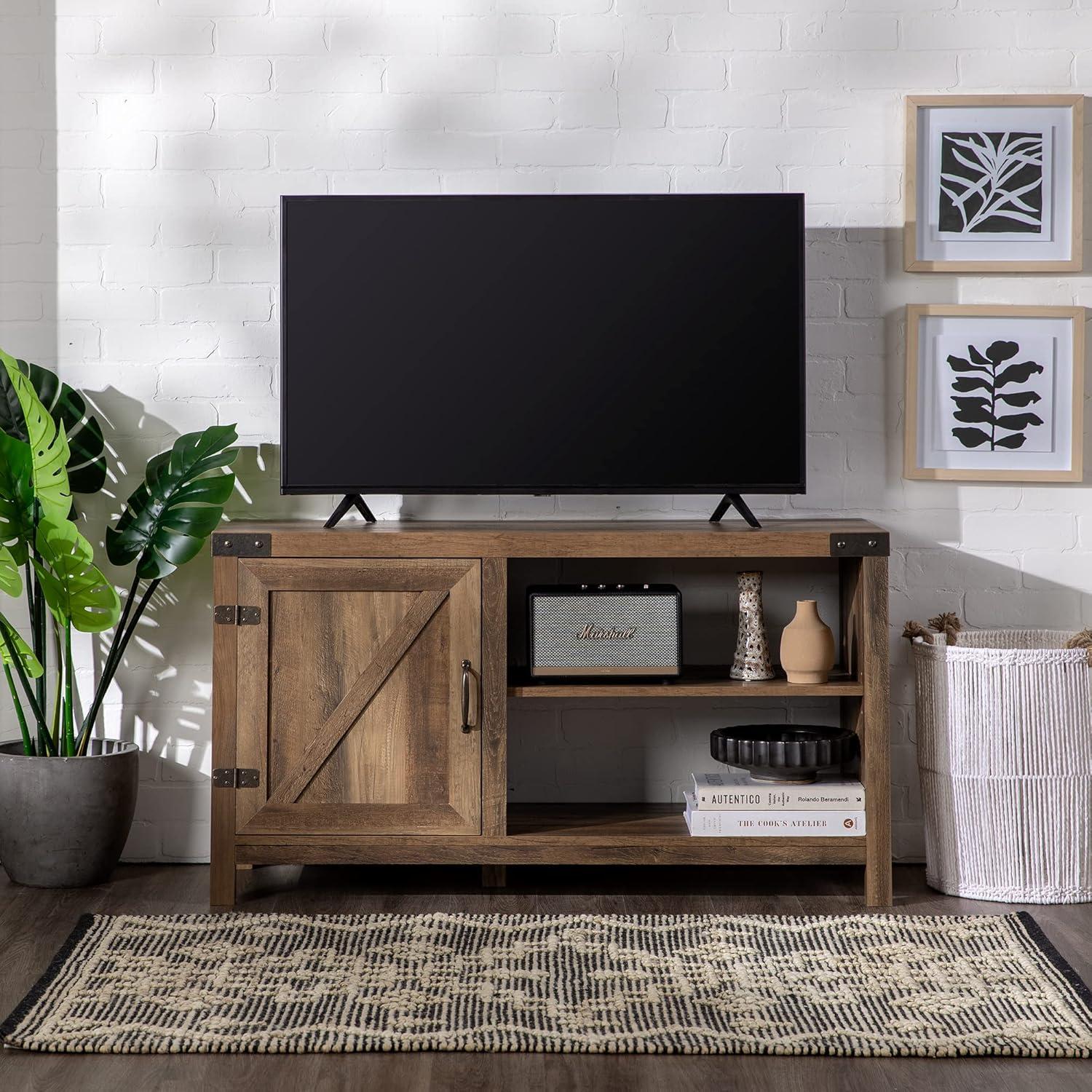 imageWalker Edison Wesley Modern Farmhouse Glass Door TV Stand for TVs up to 65 Inches 58 Inch Stone Grey Without FireplaceRustic Oak