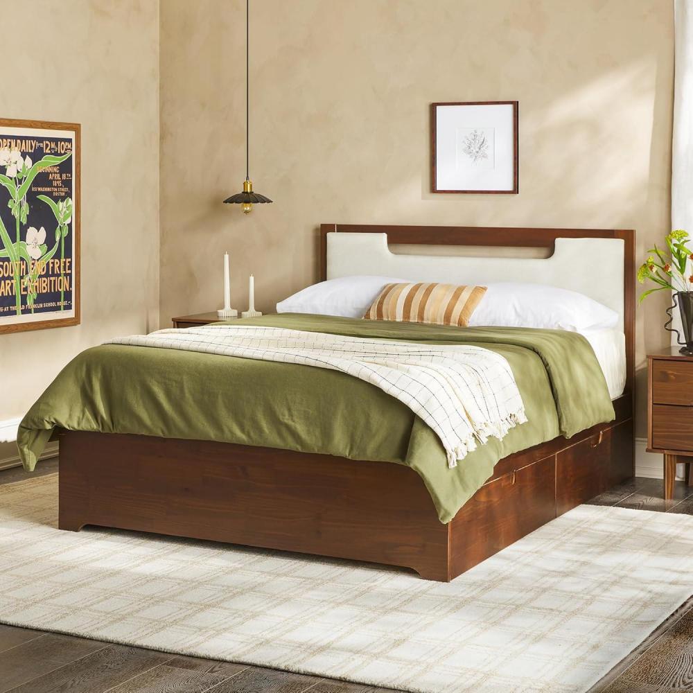 imageWalker Edision Sloane Solid Wood Upholstered Bed Frame with Storage Drawers Queen CaramelWalnut