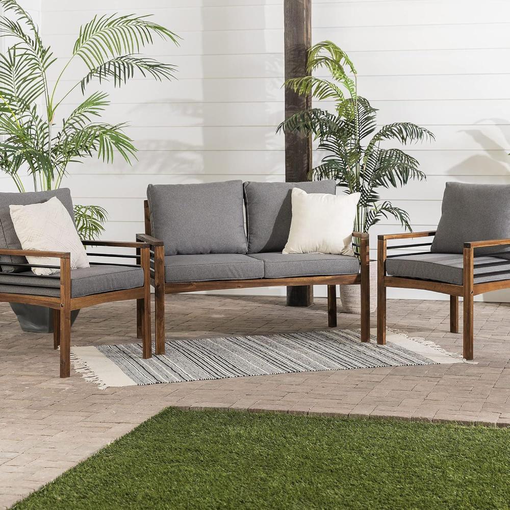 imageWalker Edison 2 Person Outdoor Patio Modern Wood and Metal Loveseat with Washable Cushions All Weather Backyard Conversation Garden Poolside Balcony 48 Inch Dark Brown and Grey3 Piece Chat Set