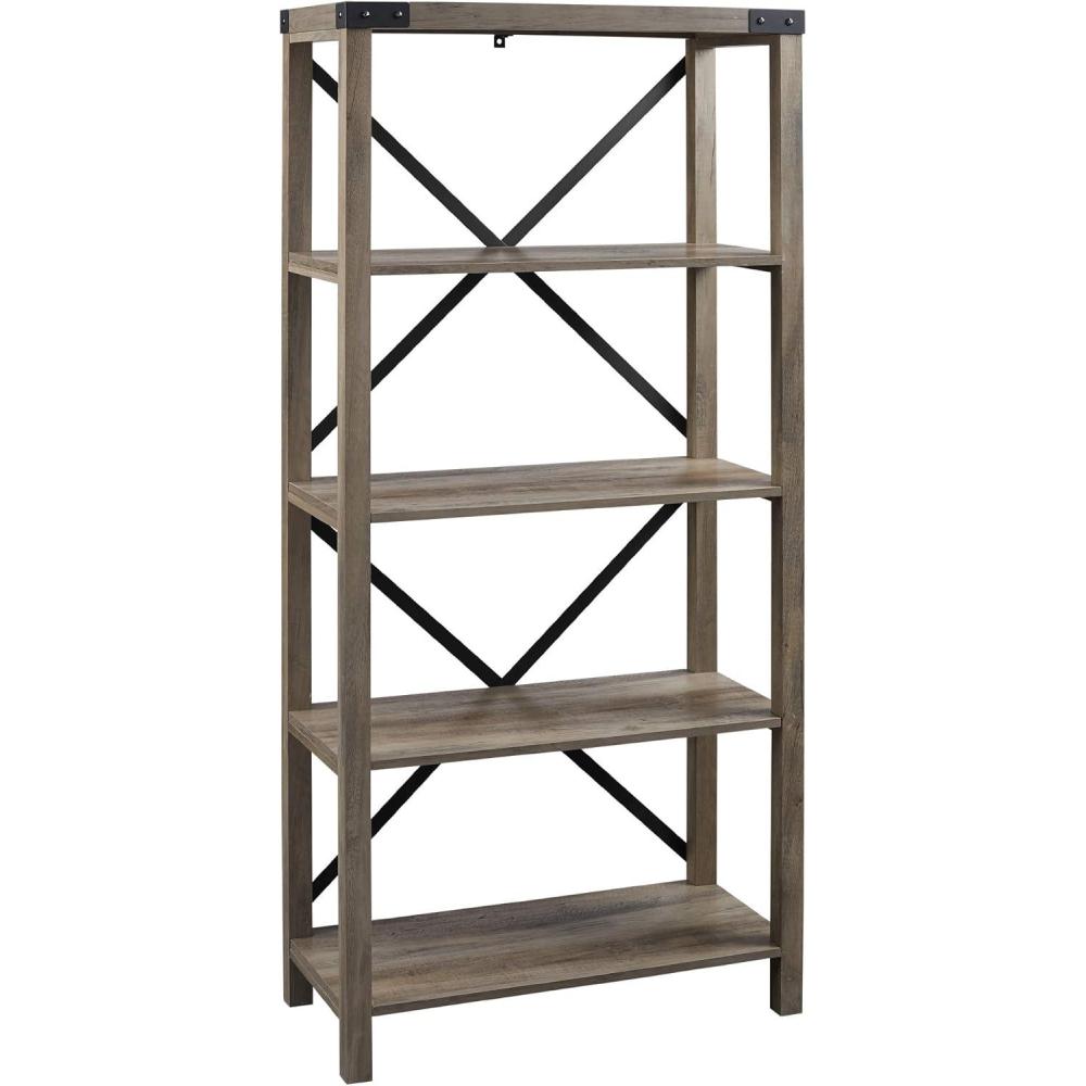 imageWalker Edison Andersen Urban Industrial Metal X Back 4 tier Bookshelf 64 Inch Grey WashGrey Wash