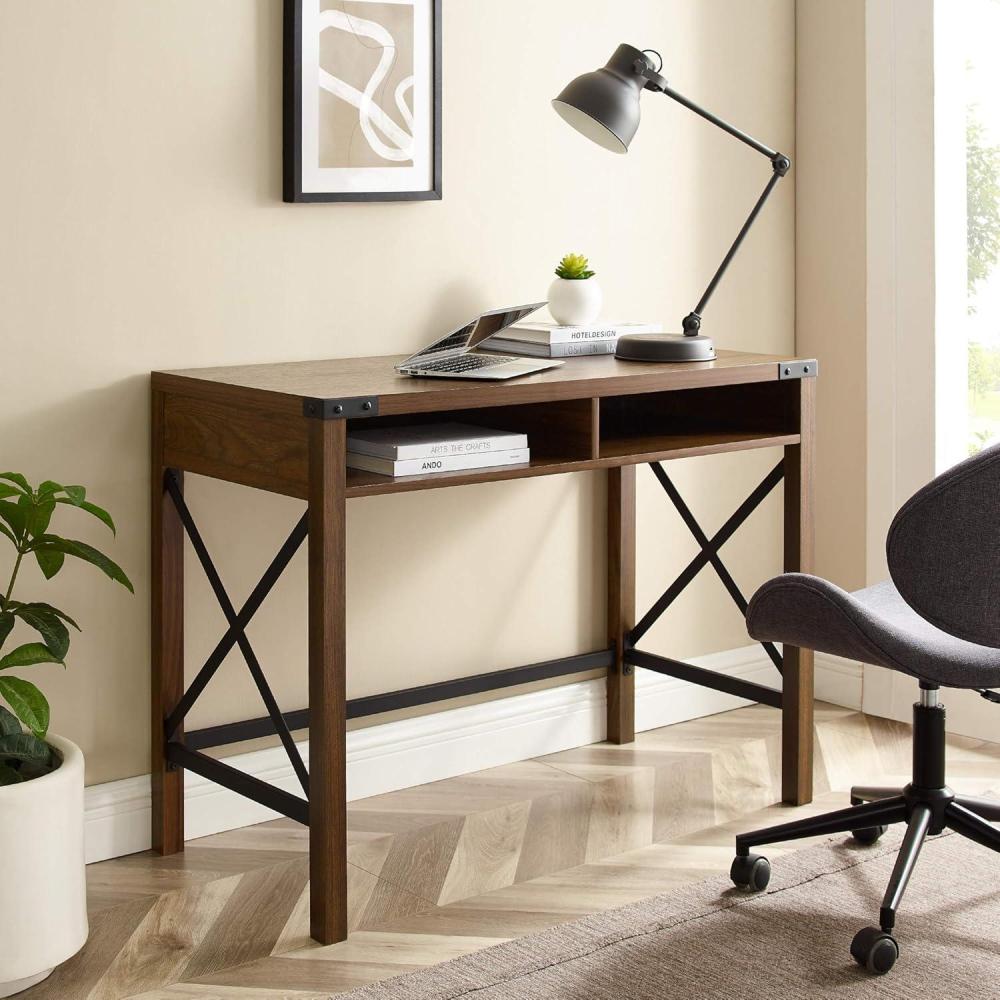 imageWalker Edison Callum Modern Farmhouse Metal X Writing Desk 42 Inch Grey WashDark Walnut