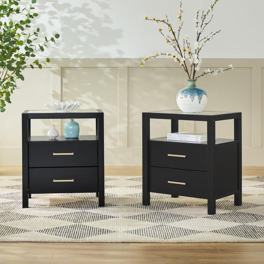 imageWalker Edison Isla Modern Solid Wood 2 Drawer Nightstand Side Table with Glass Top 22 Inch BlackBlack