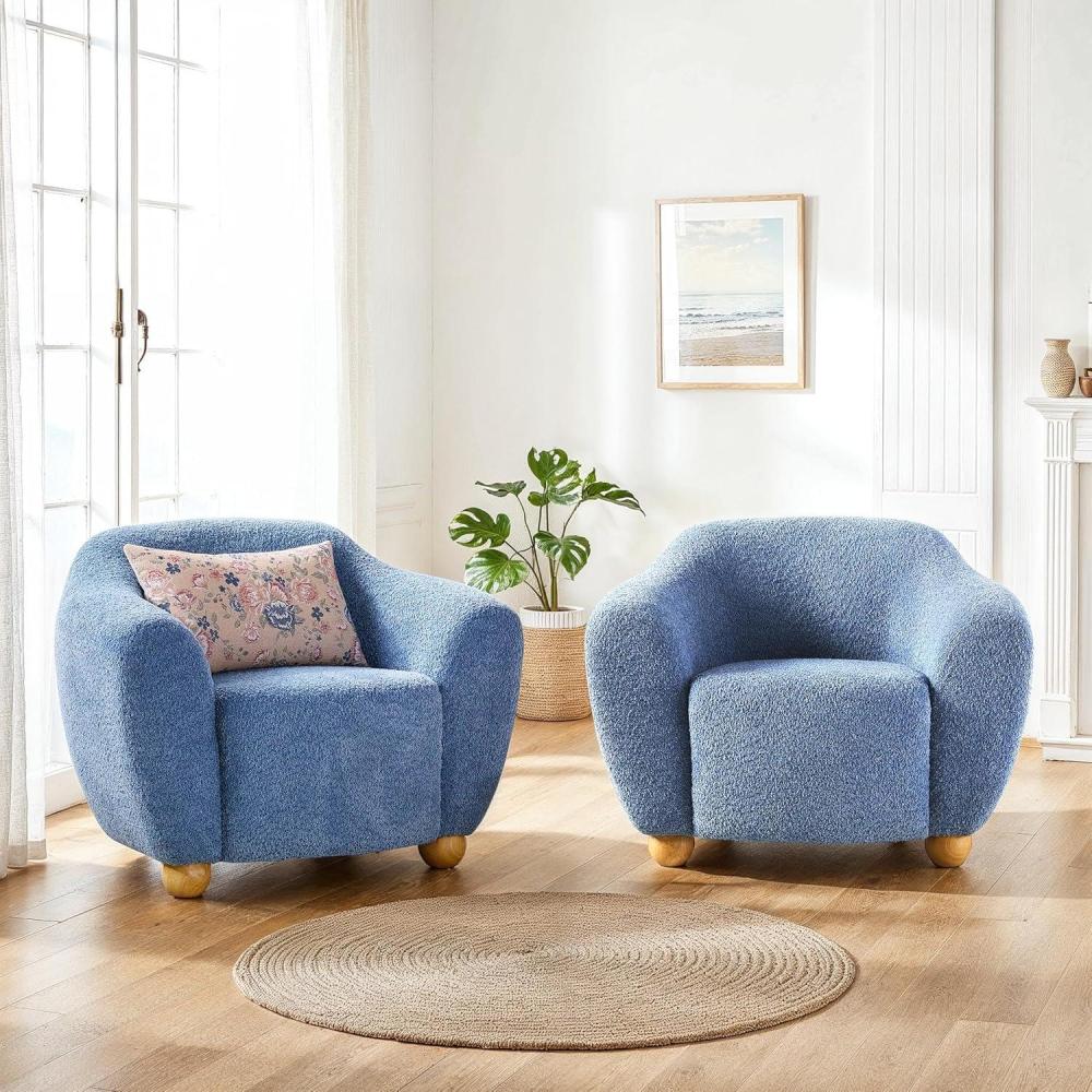 imageWalker Edison Linley Contemporary Boucle Accent Chair with Wood Legs Soft BlueSoft Blue