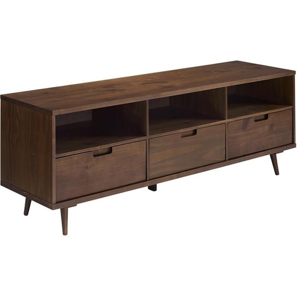 imageWalker Edison Millie Mid Century Modern 3 Drawer Solid Wood Low Stand for TVs up to 80 Inches 70 Inch CaramelWalnut