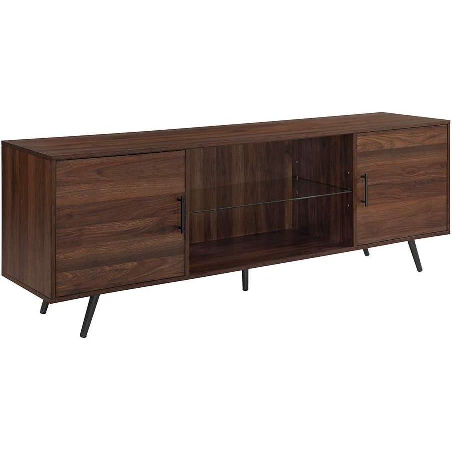 imageWalker Edison Saxon Mid Century Modern 2 Door Glass Shelf TV Stand for TVs up to 80 Inches 70 Inch Dark WalnutDark Walnut