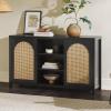 Walker Edison Sasha 4-Door Reeded Sideboard Buffet with Cord Management, 70 Inch, Coastal Oak(Black)